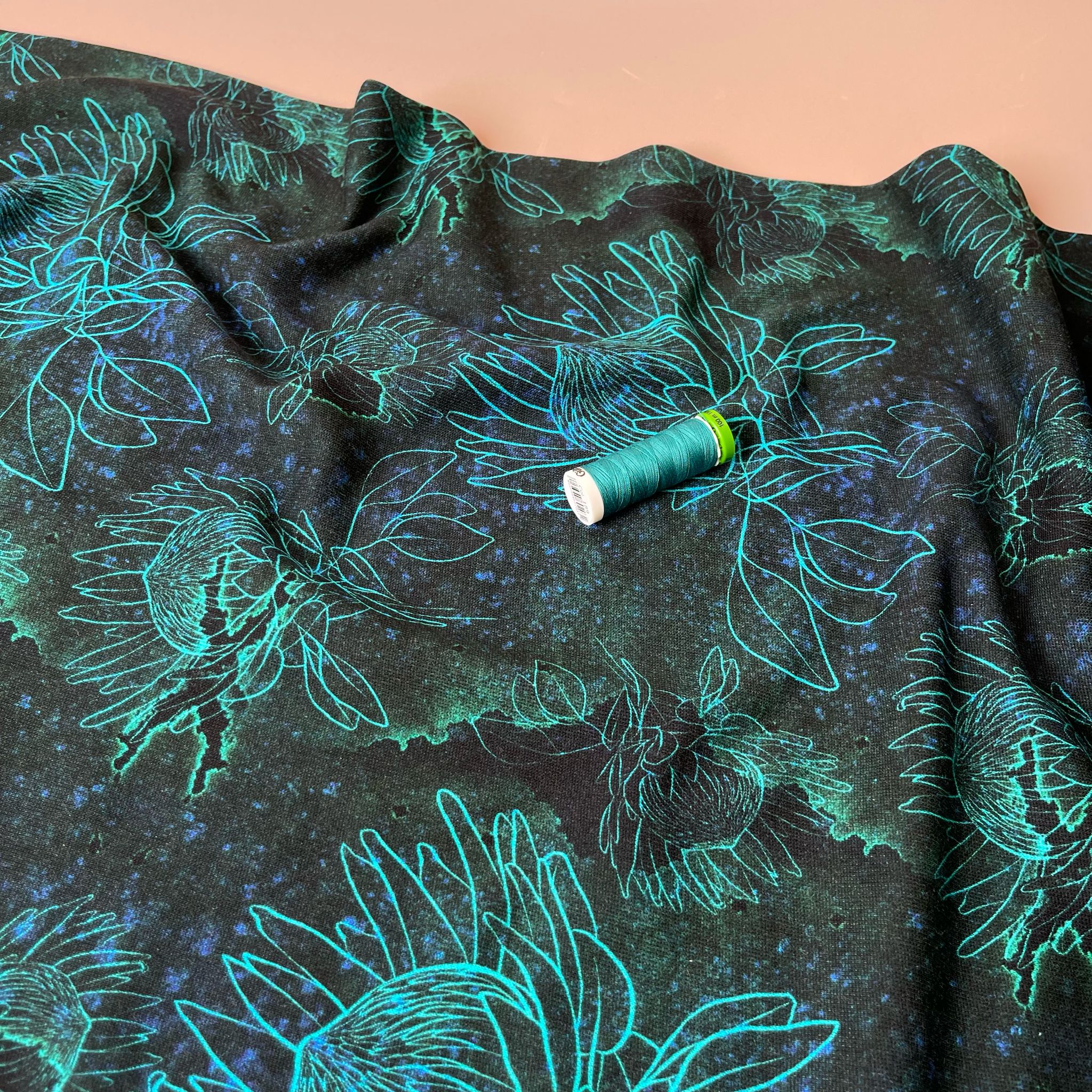Turquoise Blooms on Black Pure Cotton French Terry