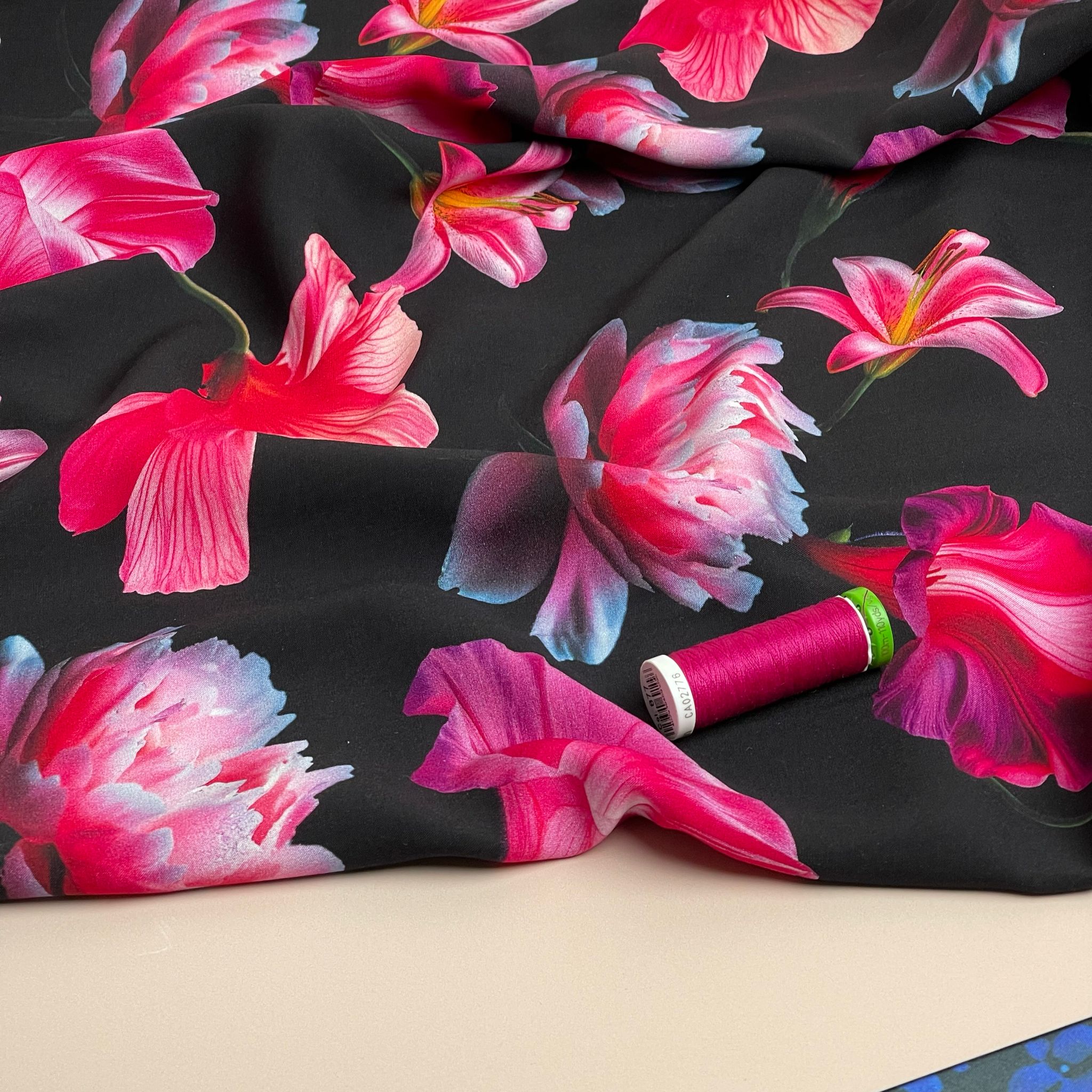 REMNANT 1.2 Metres - Fuchsia Blooms on Black Viscose Fabric