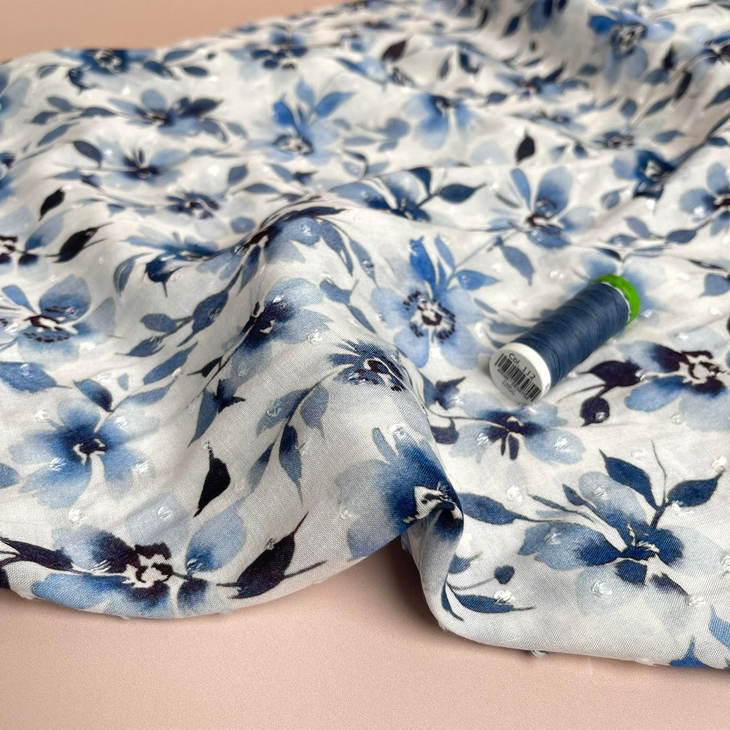 Watercolour Blue Blooms Dobby Viscose Fabric