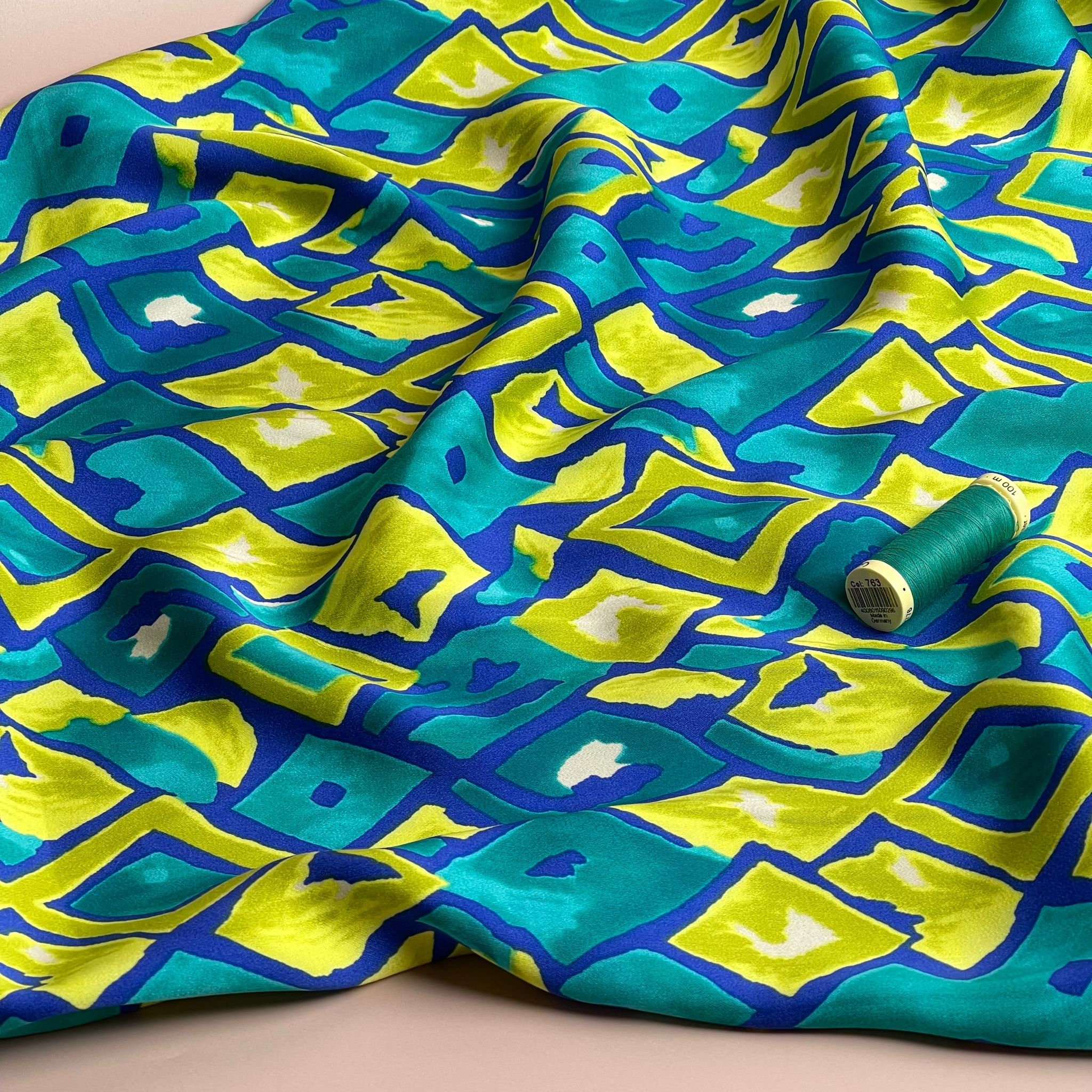 REMNANT 0.43 Metre - Painted Ocean Waves Diamonds Viscose Sateen Fabric