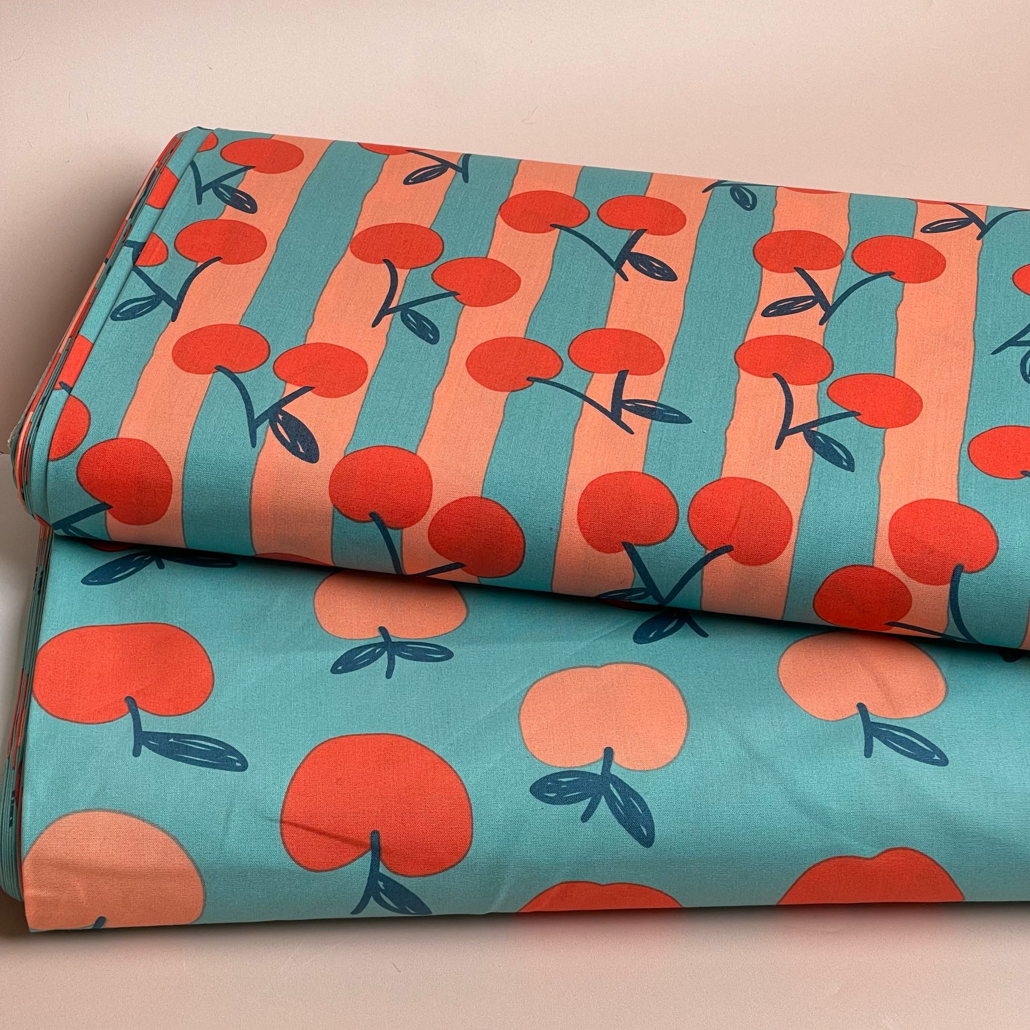 Funky Cherry Stripes on Turquoise Cotton Poplin Fabric