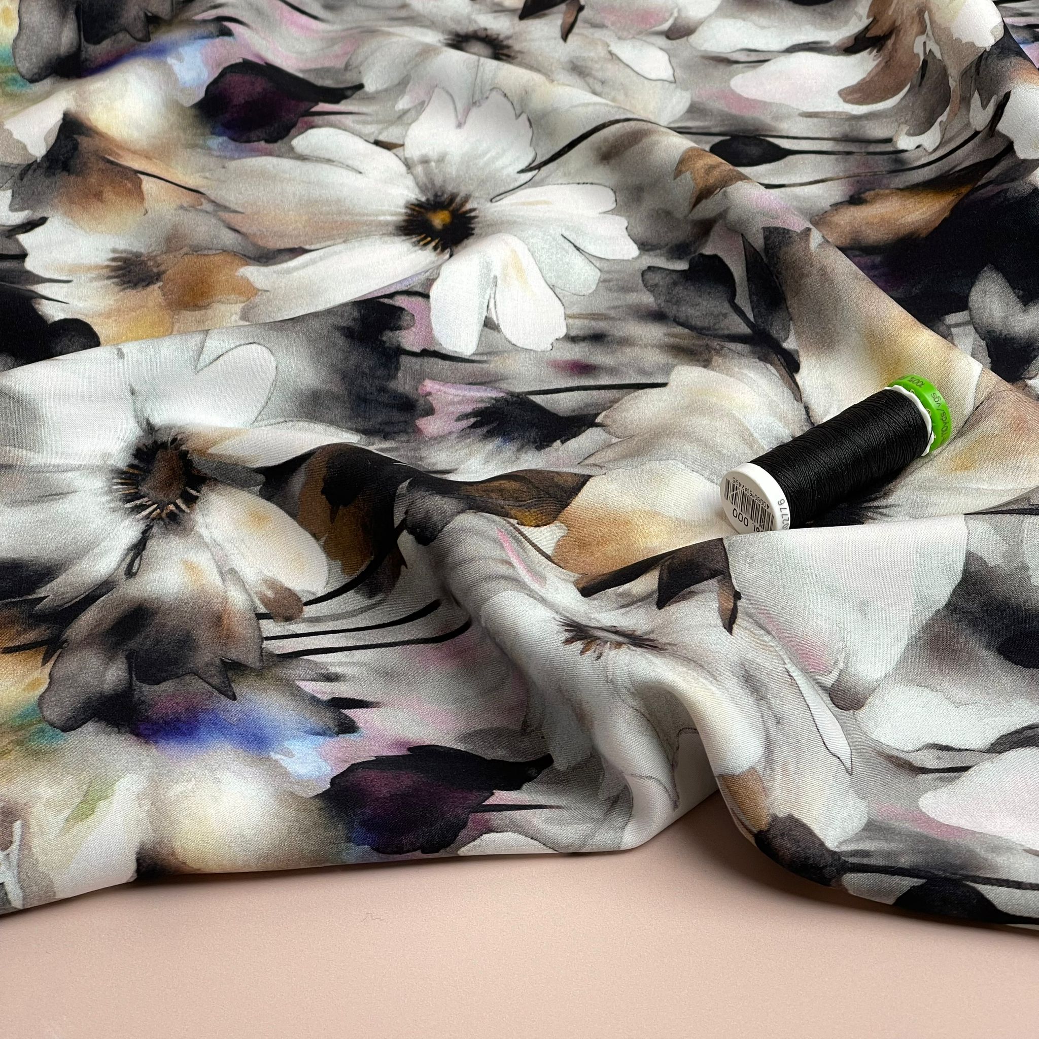 REMNANT 0.82 Metre - Neutral Flowers in Black and White Viscose Poplin Fabric