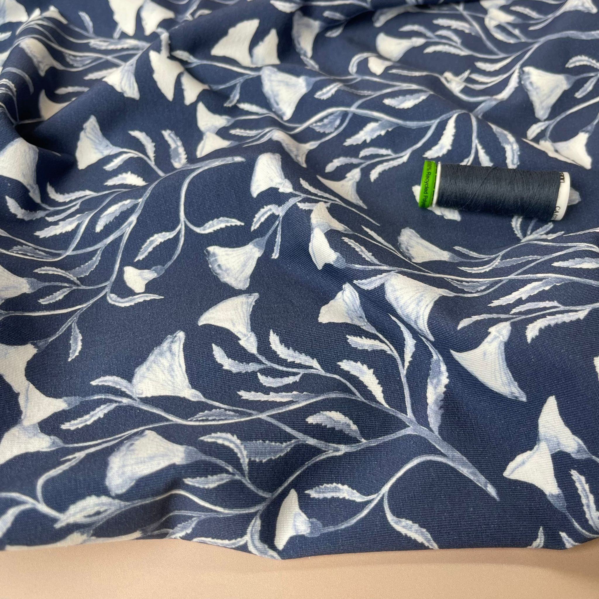 Danish Design - Delicate Blooms on Navy Cotton Jersey Fabric