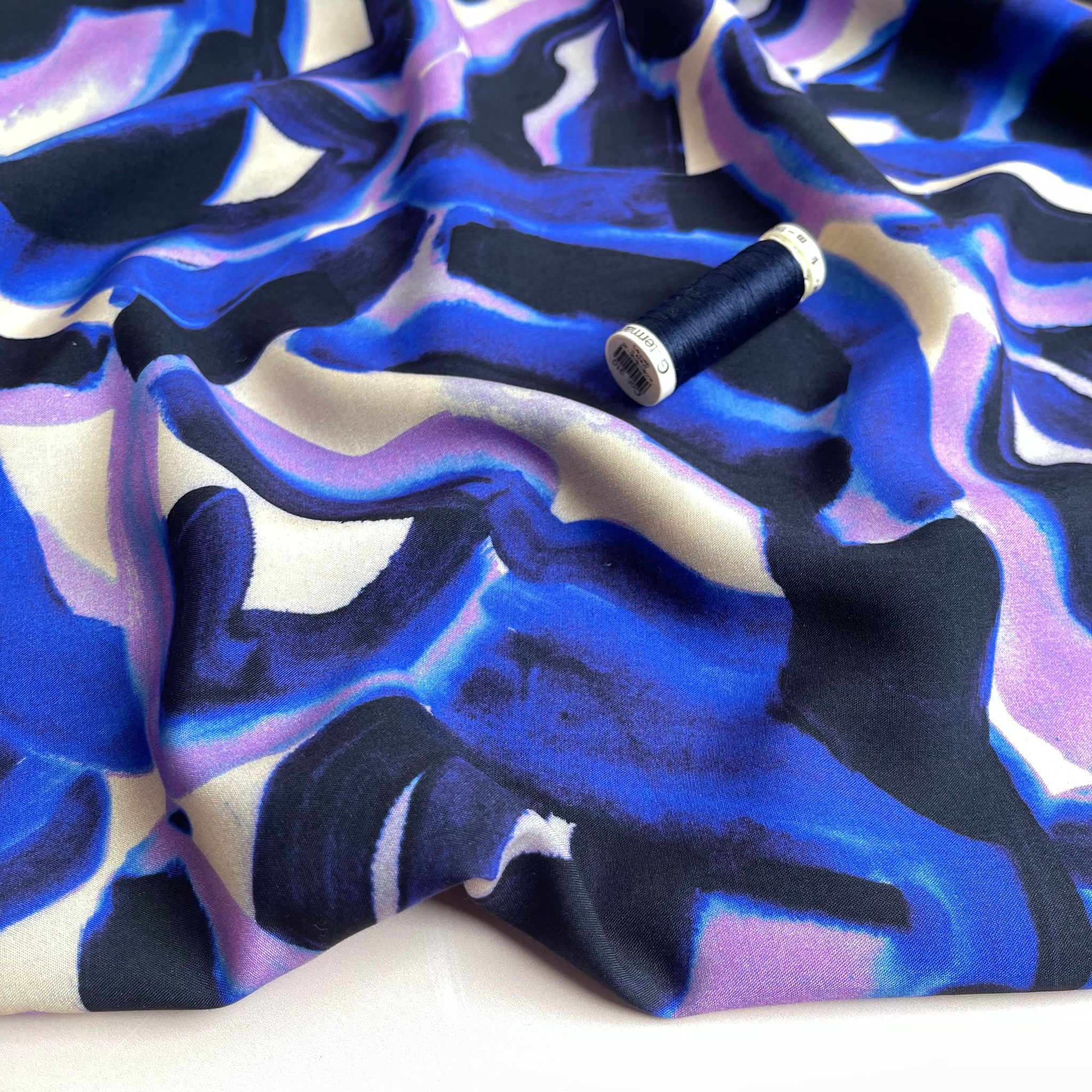 REMNANT 0.9 Metre (pulled stitch and area with dye missing ) Abstract Navy and Lilac Viscose Fabric
