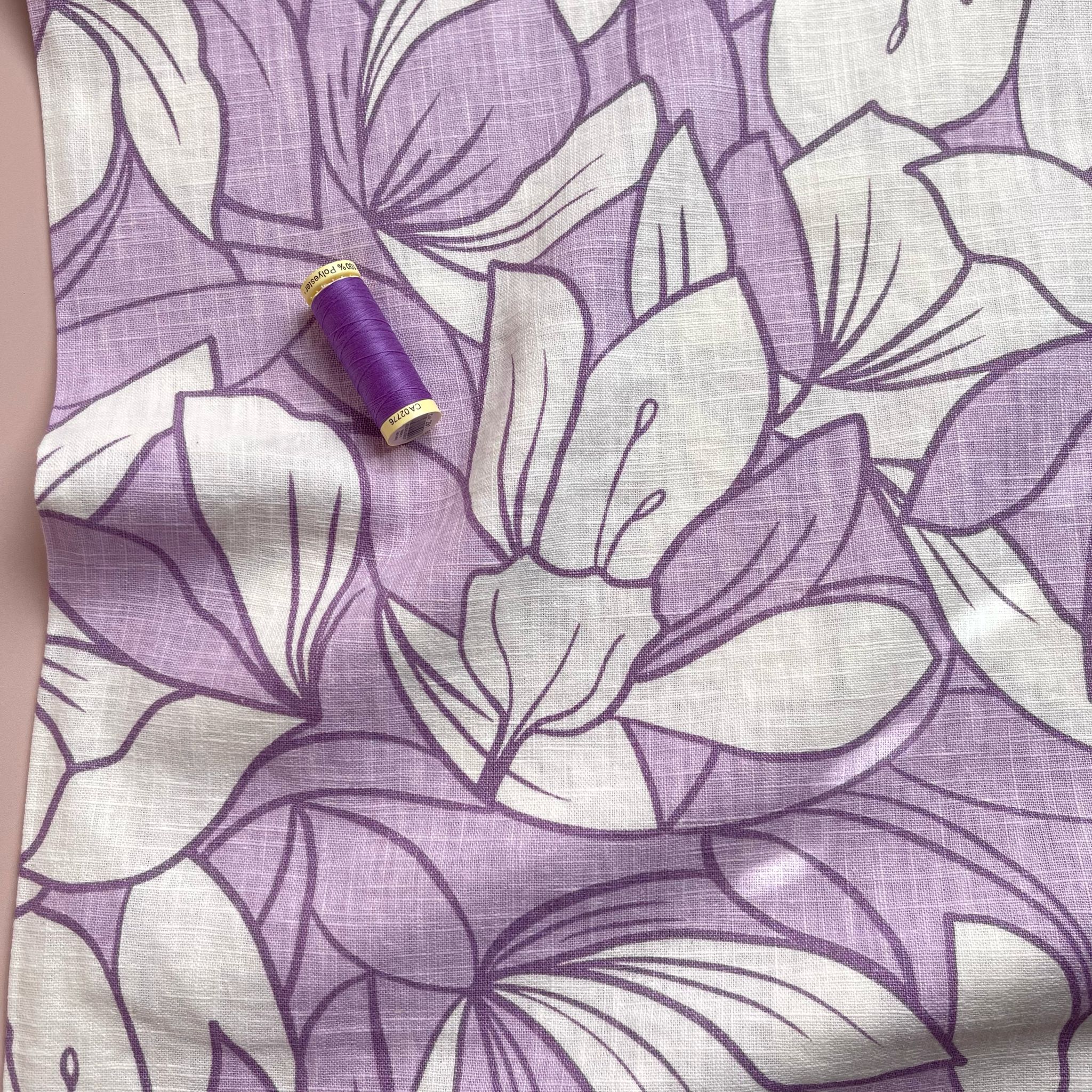 Lilac Leaves on Pure Washed Linen Cotton Fabric