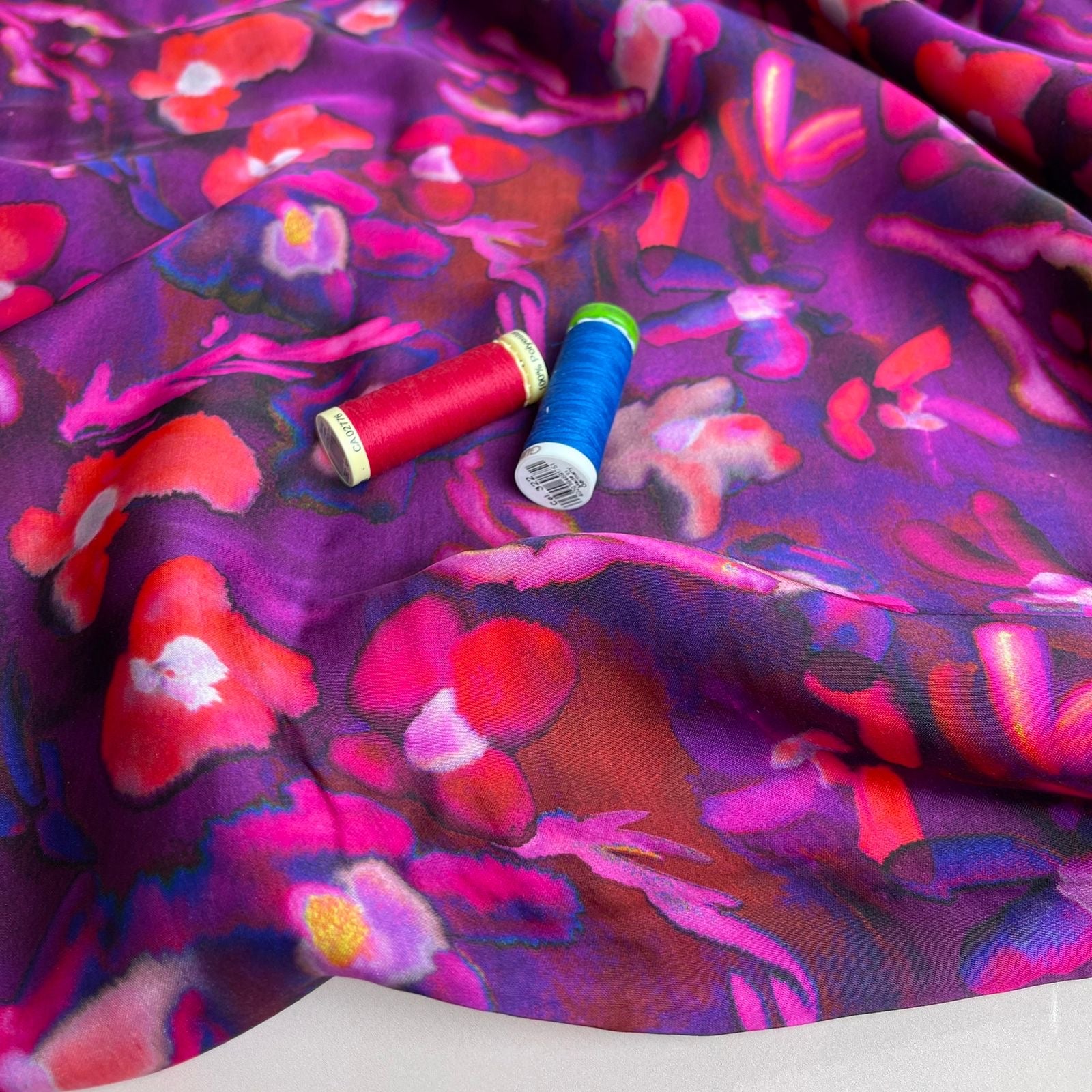 Abstract Petals in Purple Viscose Sateen Fabric
