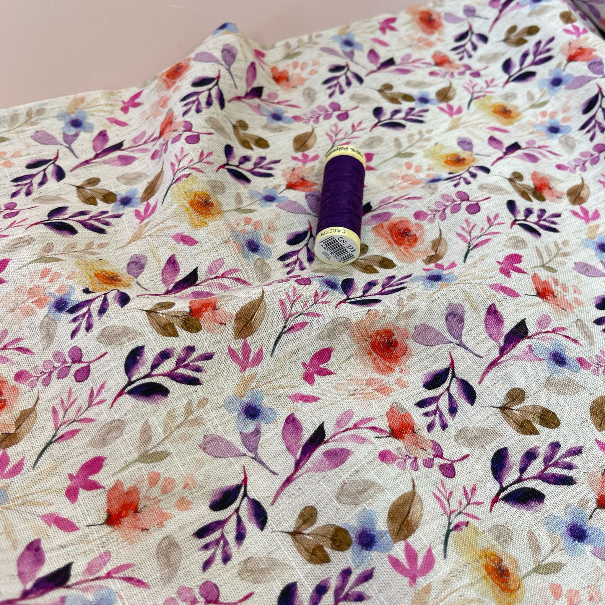 Purple Foliage on Ecru Viscose Linen Fabric