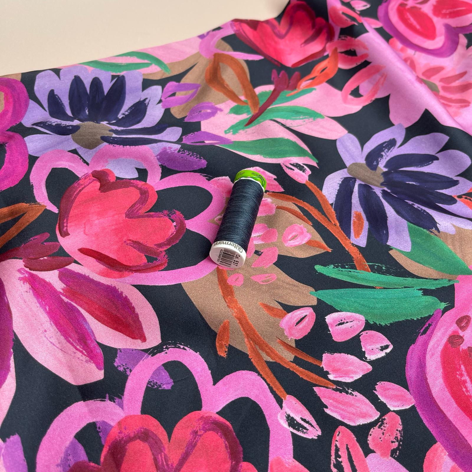 Painted Spring Garden on Dark Navy Cotton Sateen Fabric