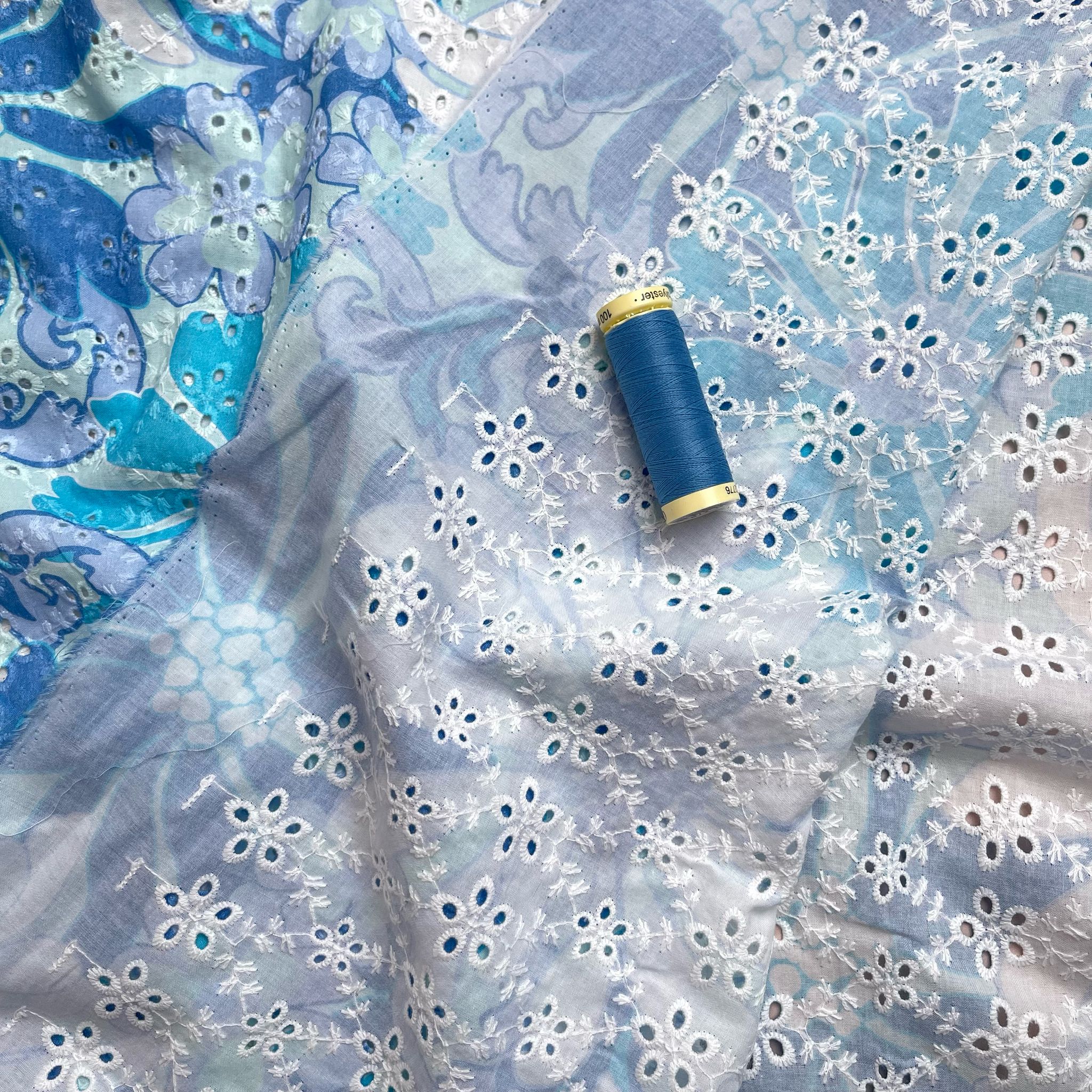 Aqua Flowers Cotton Broderie Anglaise