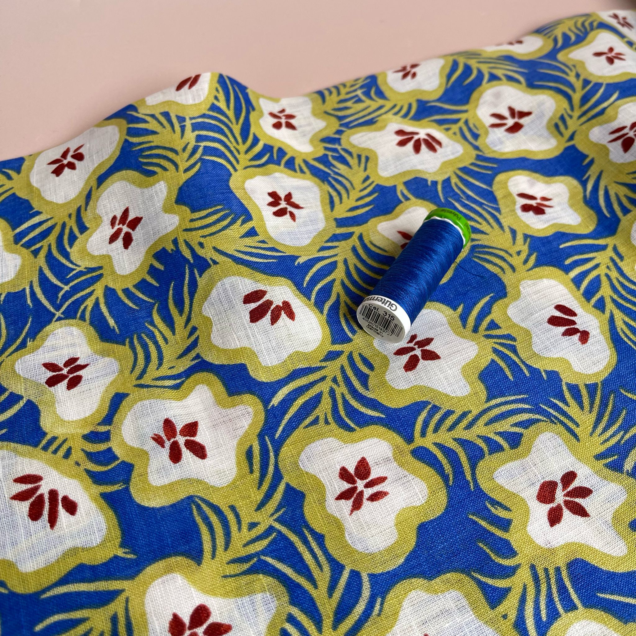 Ex-Designer Deadstock Tropical Fruits on Cobalt Pure Linen Fabric