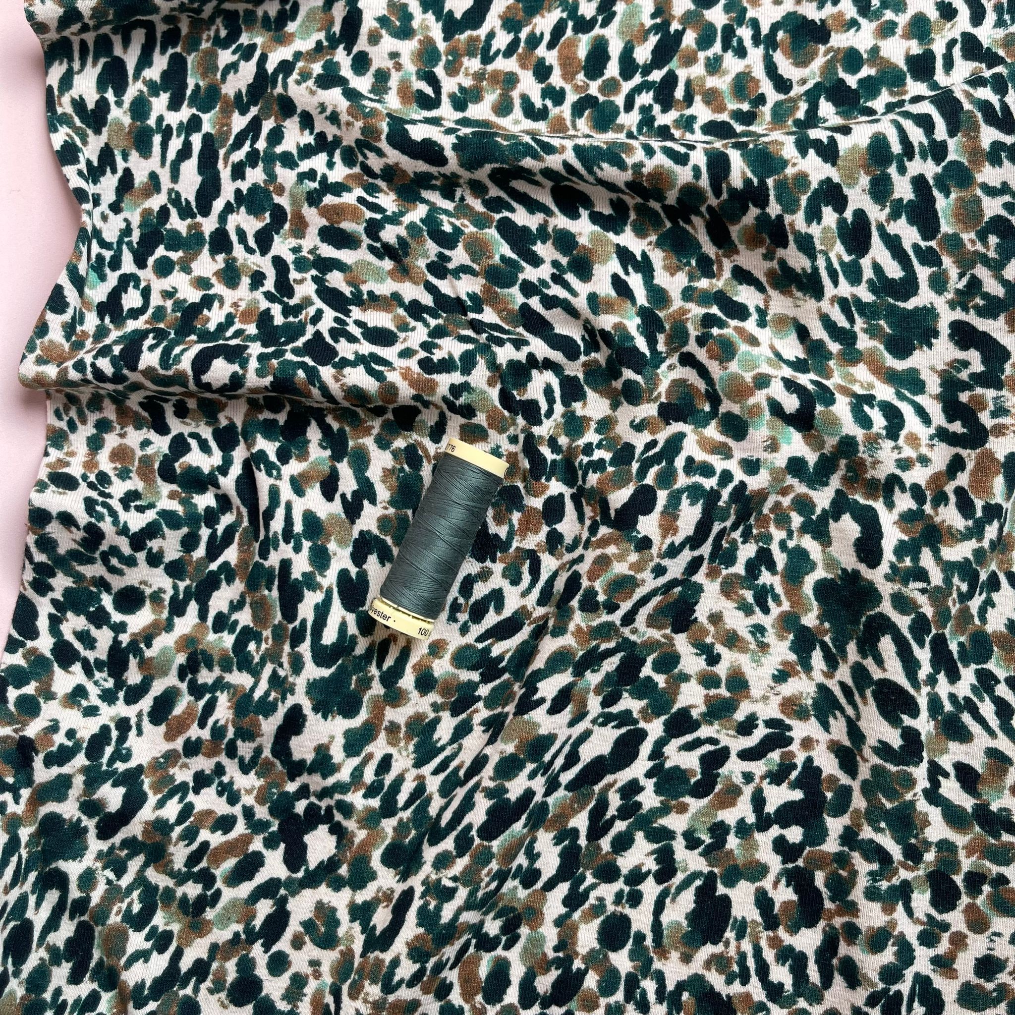 REMNANT 1.29 Metres - Green Leopard Linen Cotton Jersey