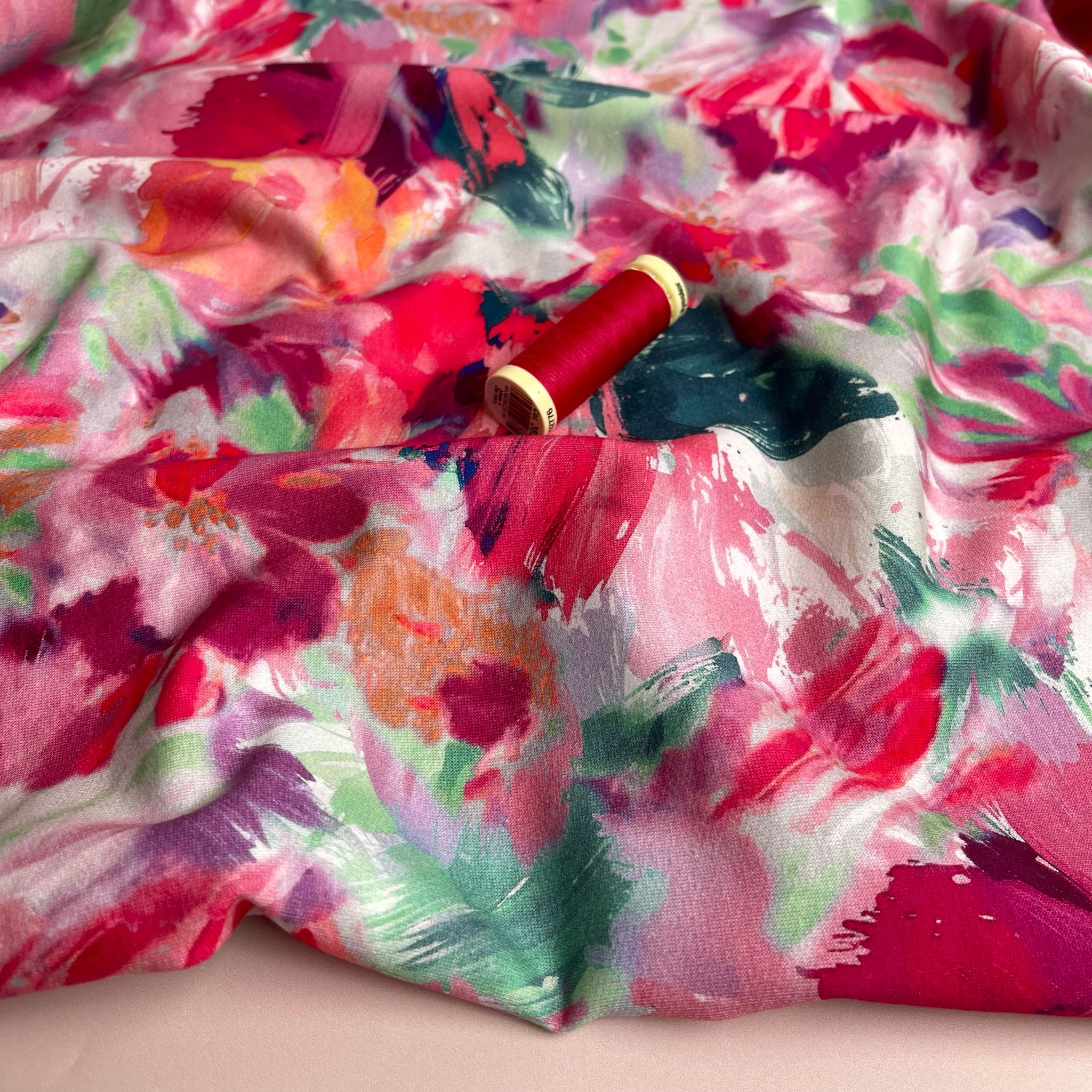 REMNANT 0.92 Metre - Painted Fuchsia Blooms Cotton French Terry