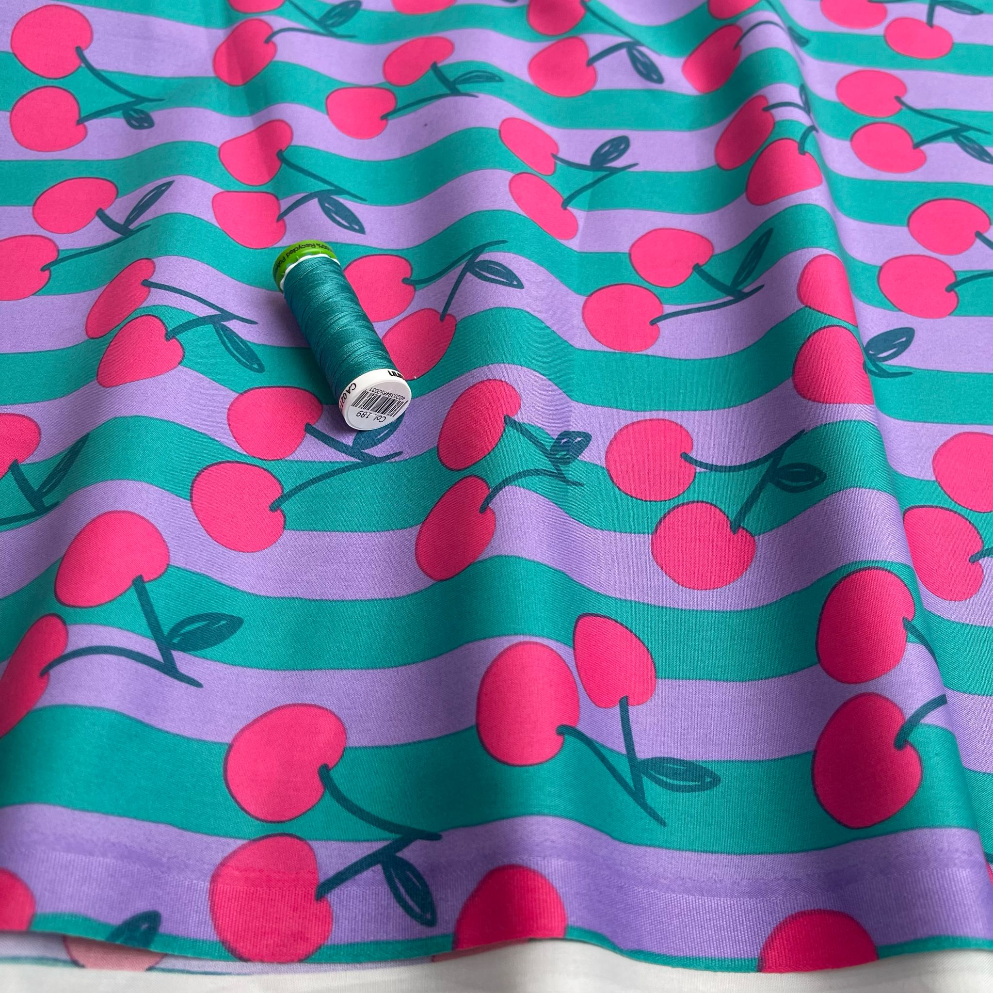 Funky Cherry Stripes on Teal Cotton Poplin Fabric