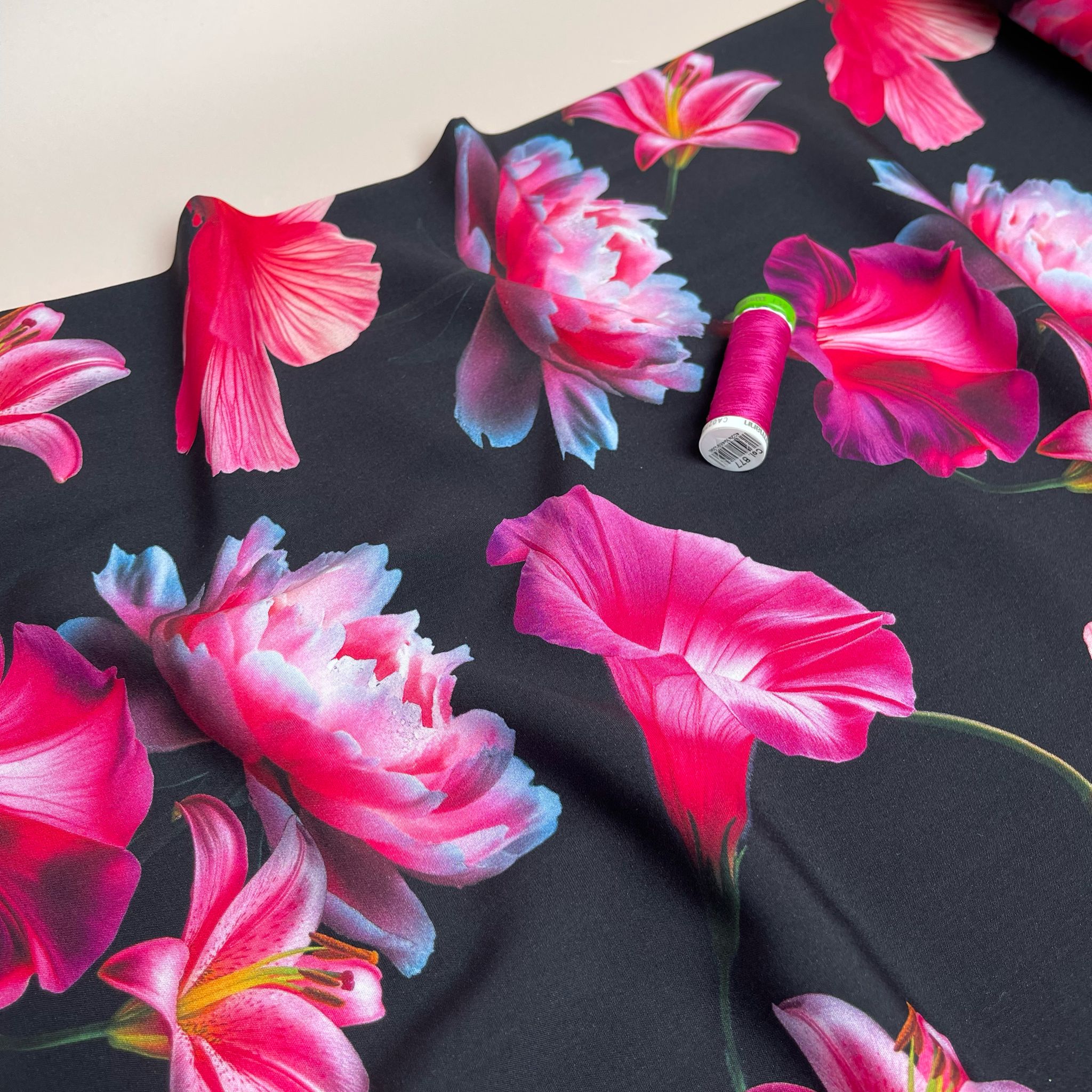 REMNANT 1.2 Metres - Fuchsia Blooms on Black Viscose Fabric