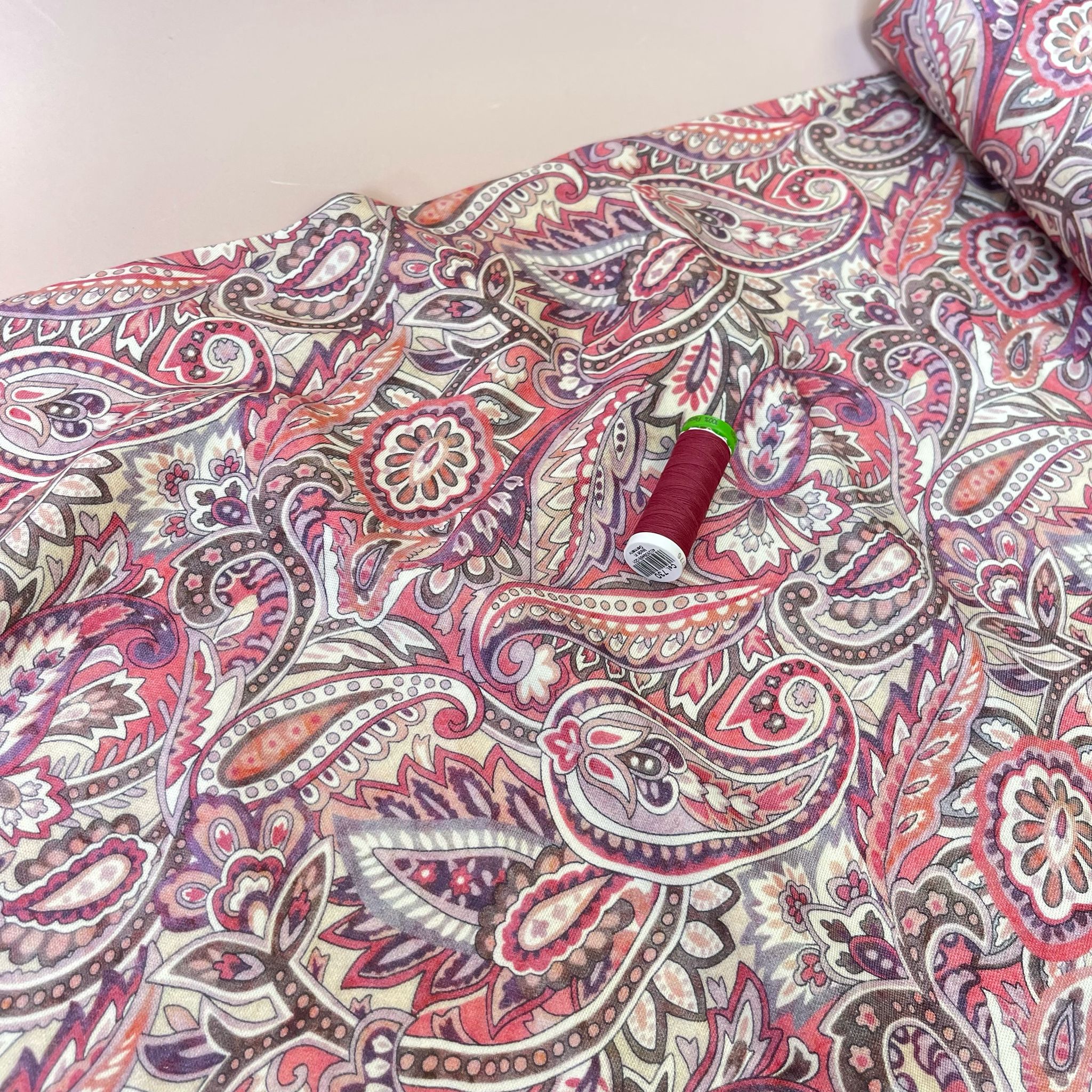 Pink Paisley Viscose Linen Fabric