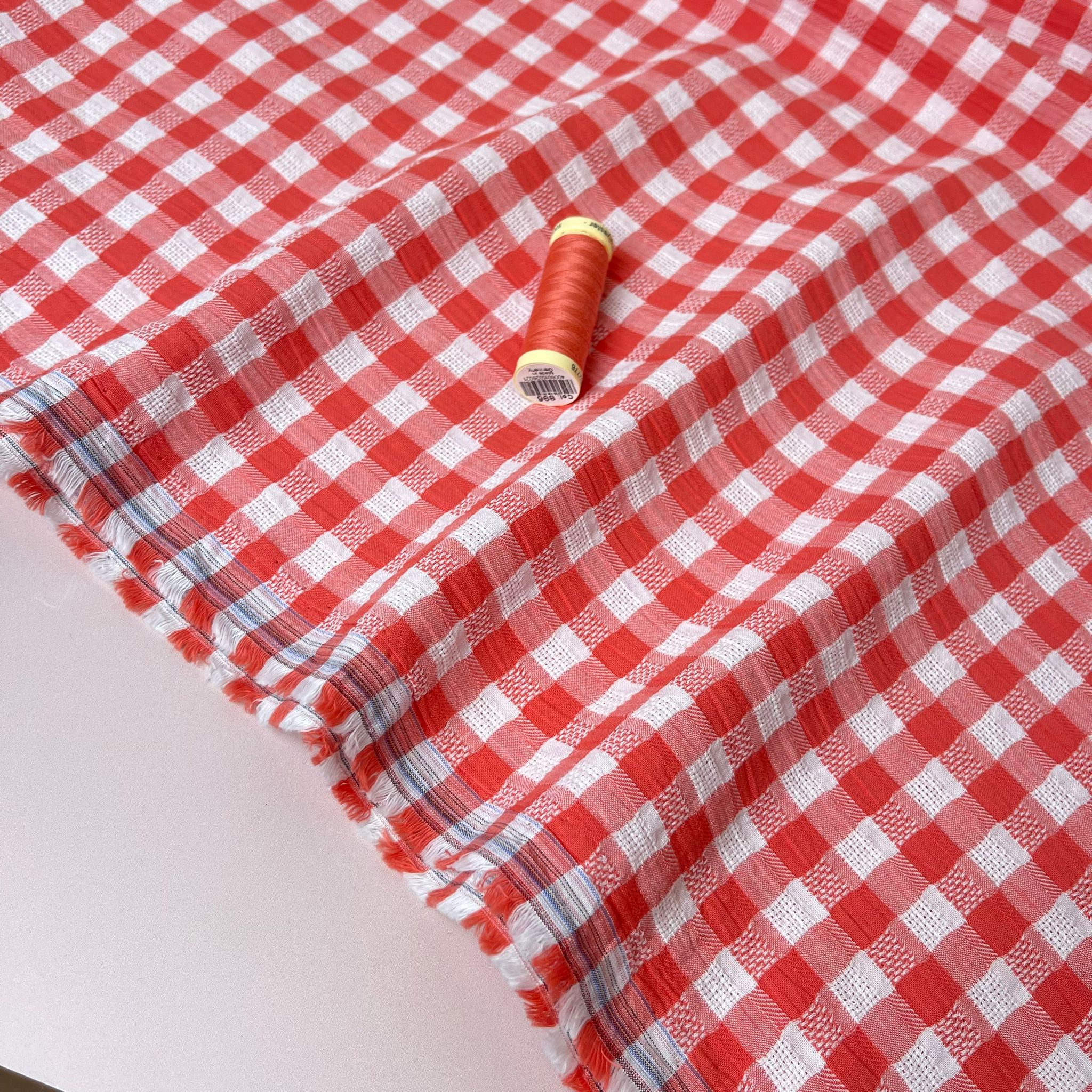 Coral Reef Gingham Cotton Seersucker Fabric