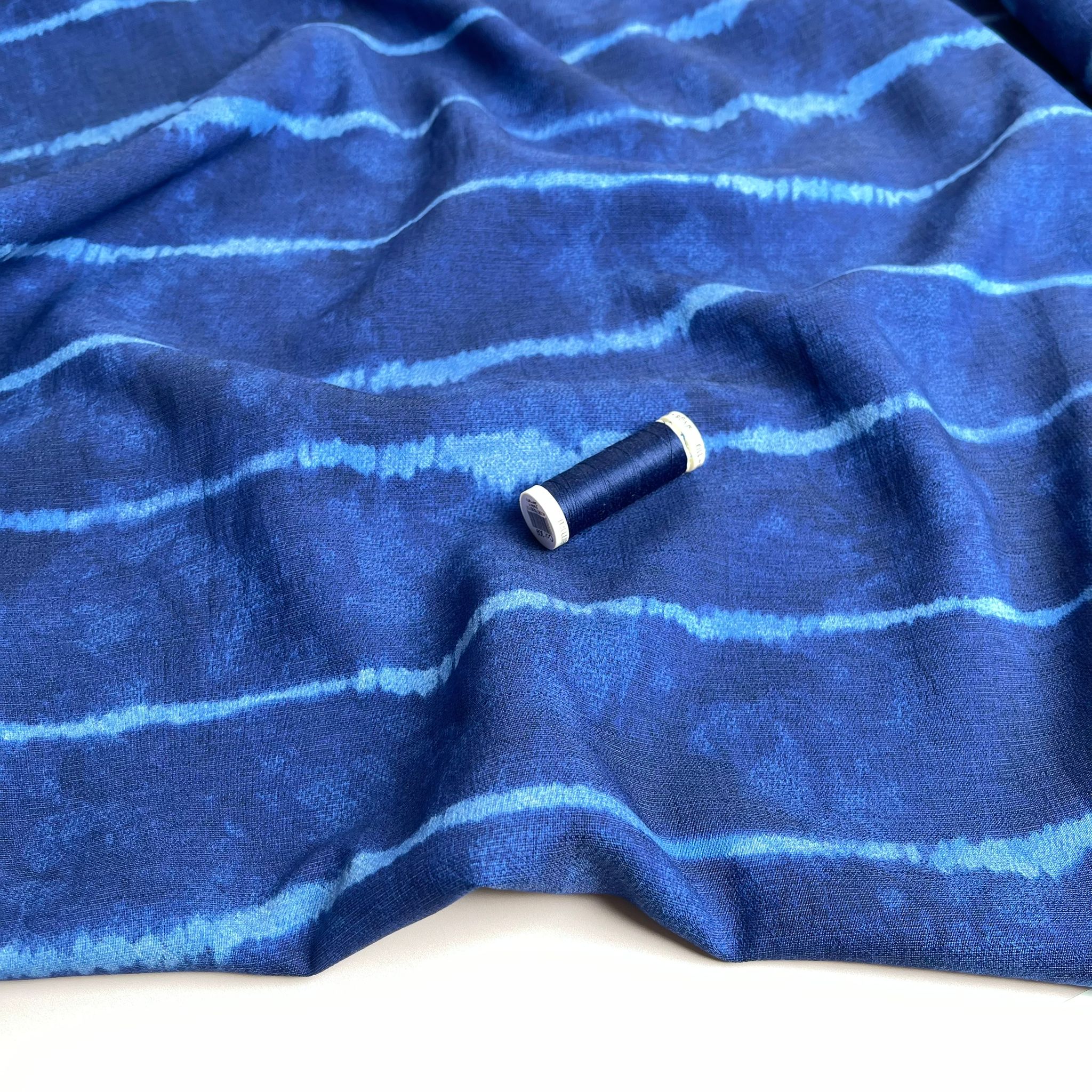 REMNANT 2.2 Metres - Tie Dye Stripes on Indigo Blue Textured Viscose Fabric