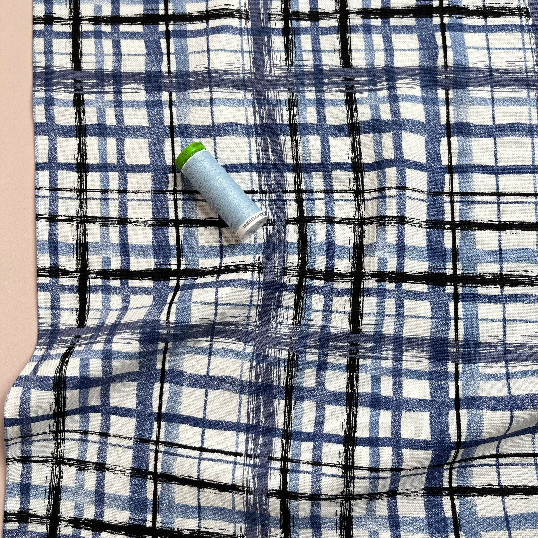 Hand painted Check on Blue Linen Viscose Blend Fabric