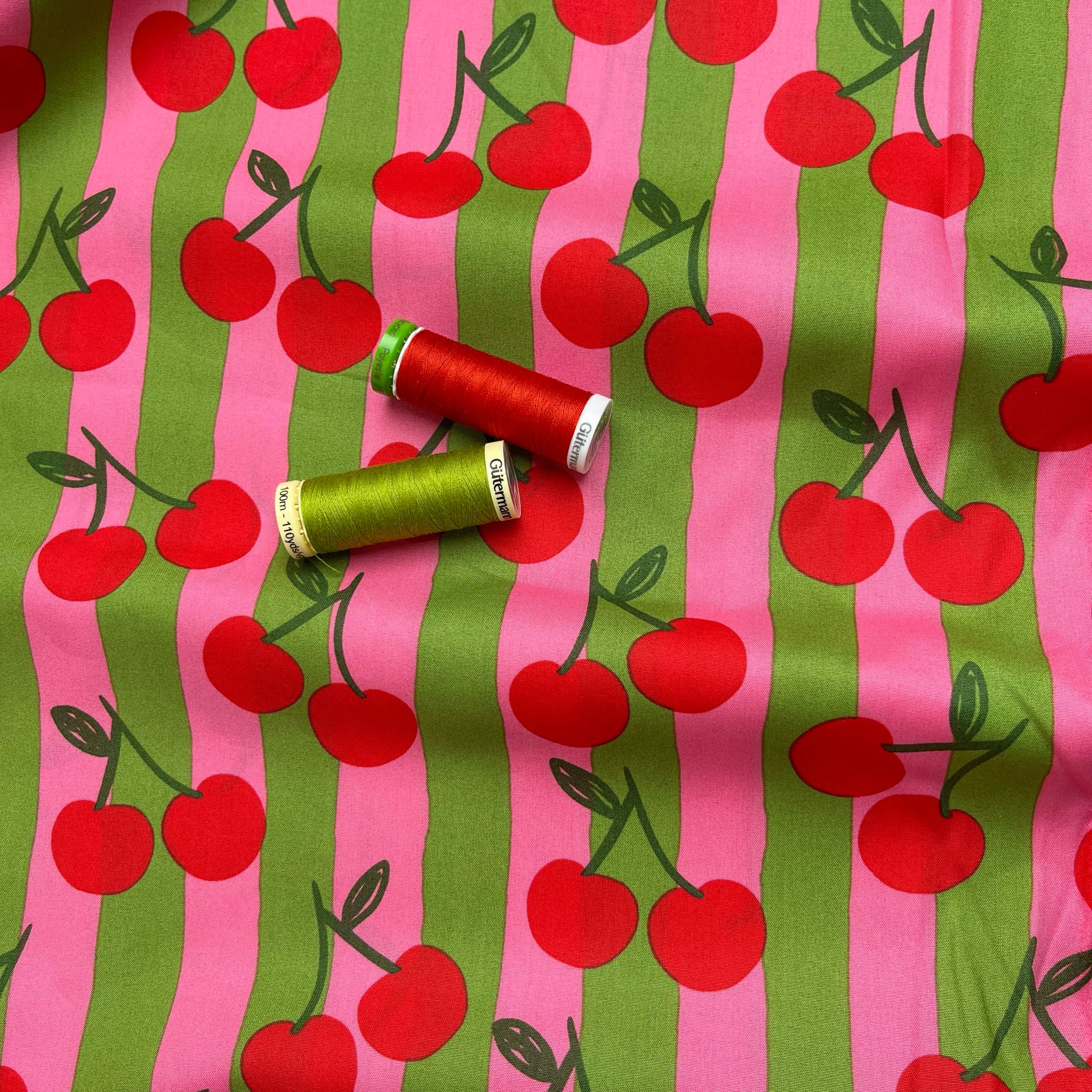 Funky Cherry Stripes on Pink Cotton Poplin Fabric