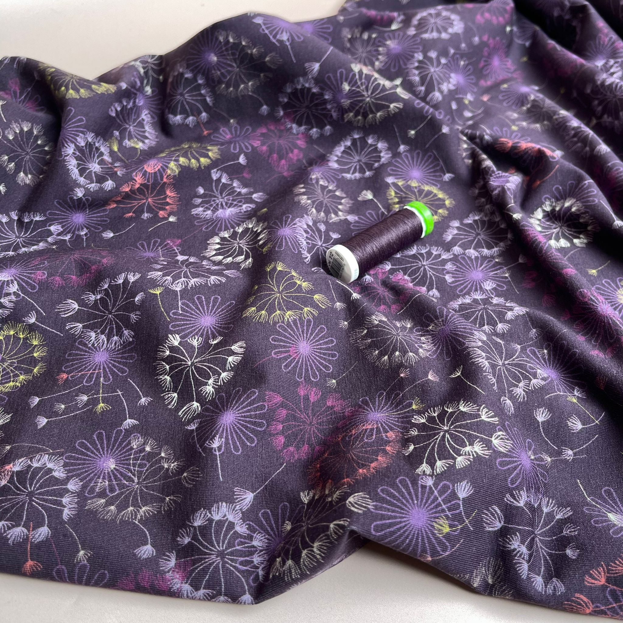 REMNANT 0.58 Metre - Danish Design - Dandelions on Purple Cotton Jersey Fabric