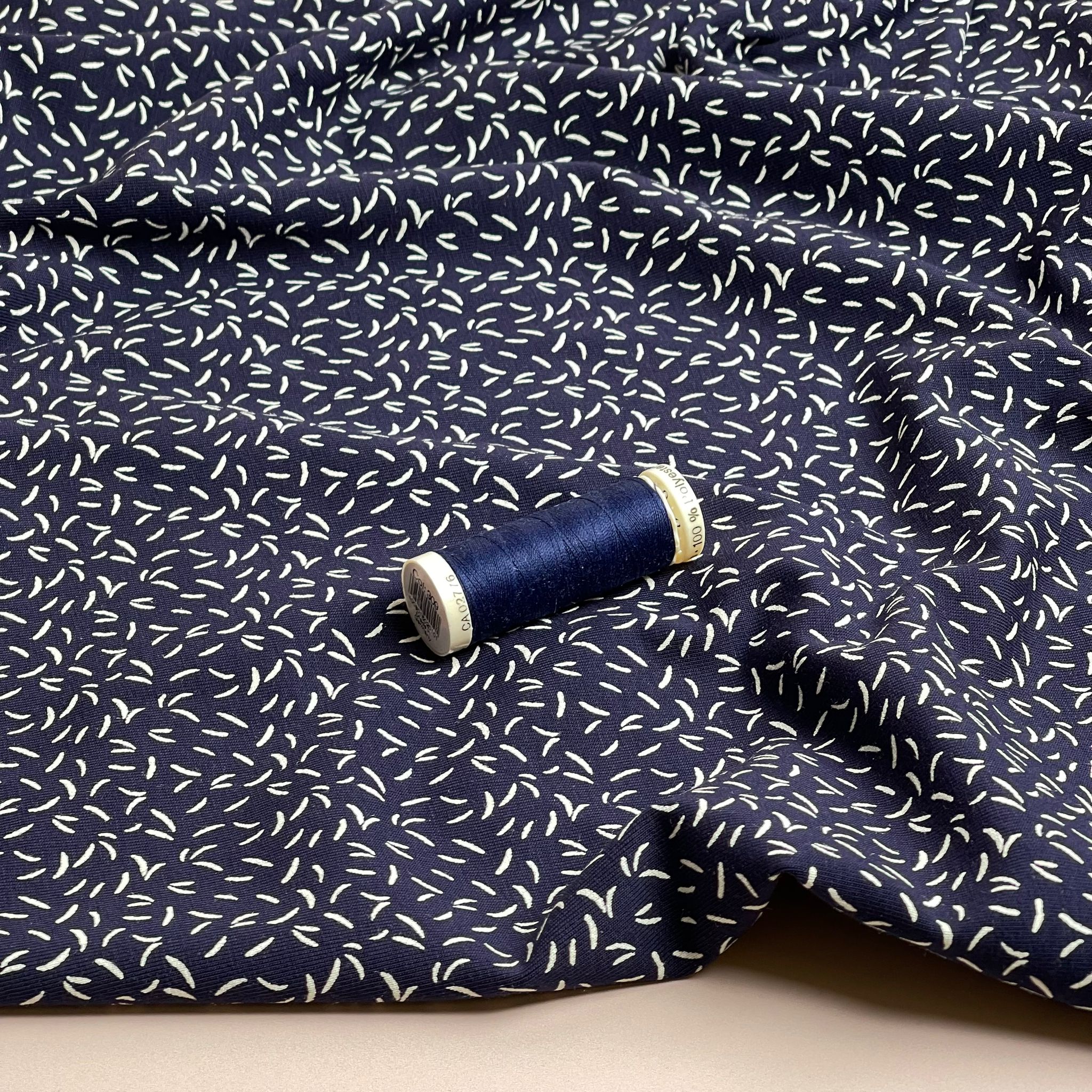 REMNANT 1.93 Metres - Dashes on Navy Cotton Jersey Fabric