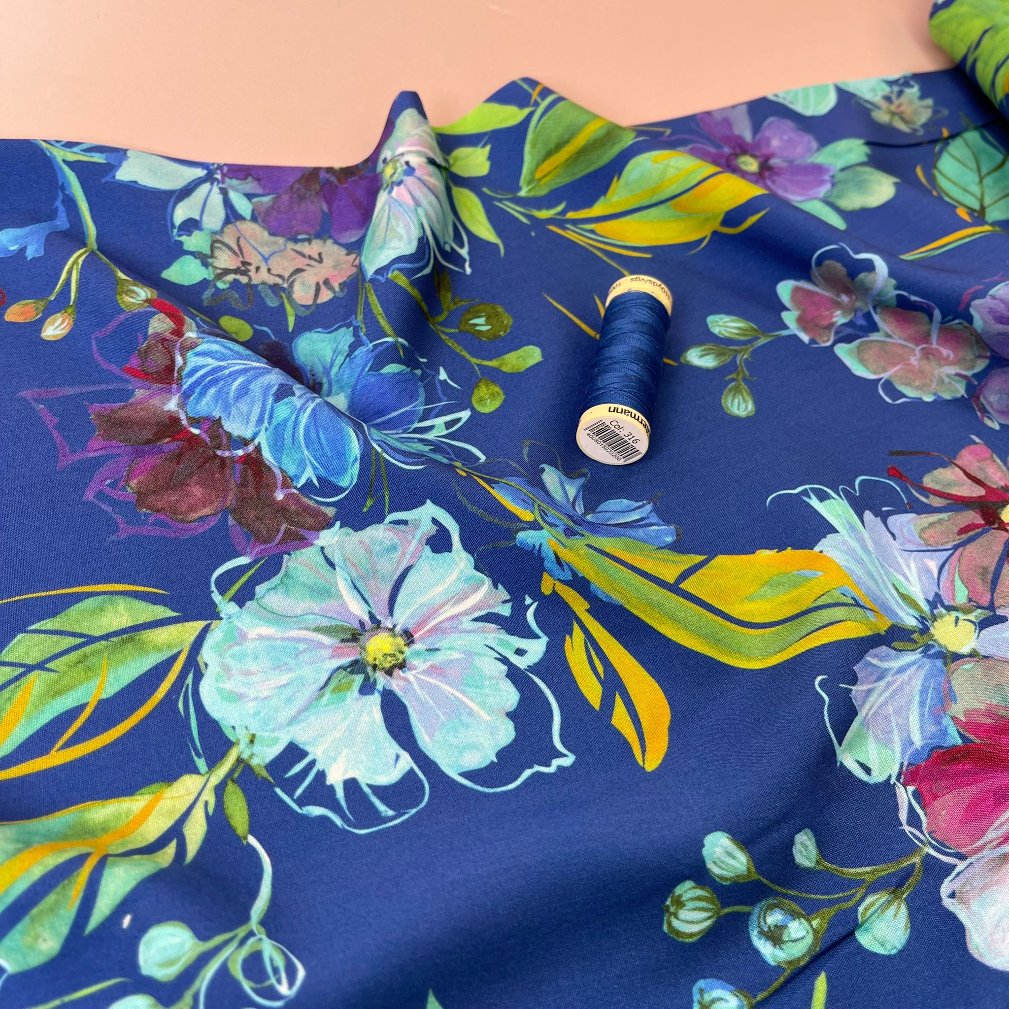 Painted Blooms on Blue Viscose Fabric