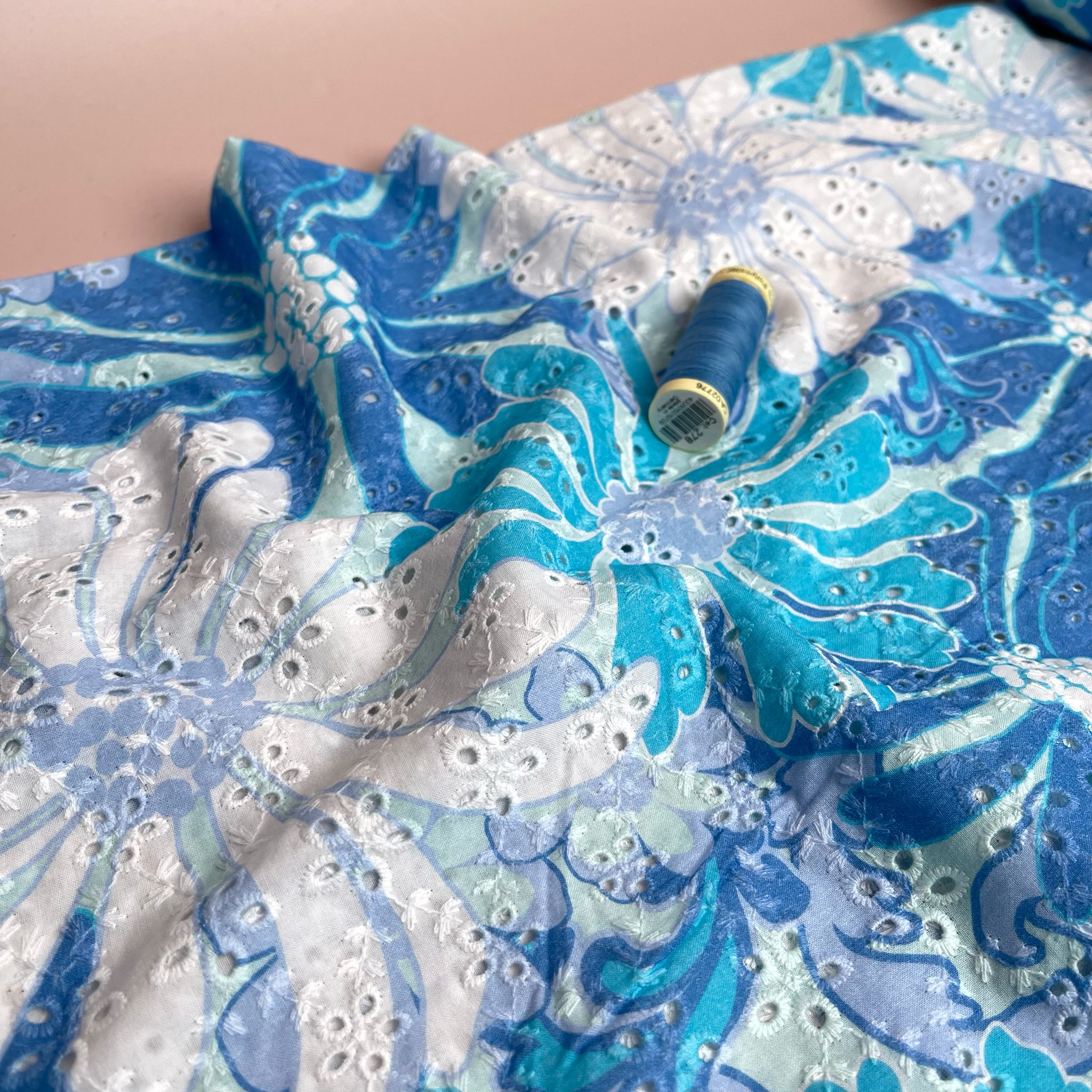 Aqua Flowers Cotton Broderie Anglaise