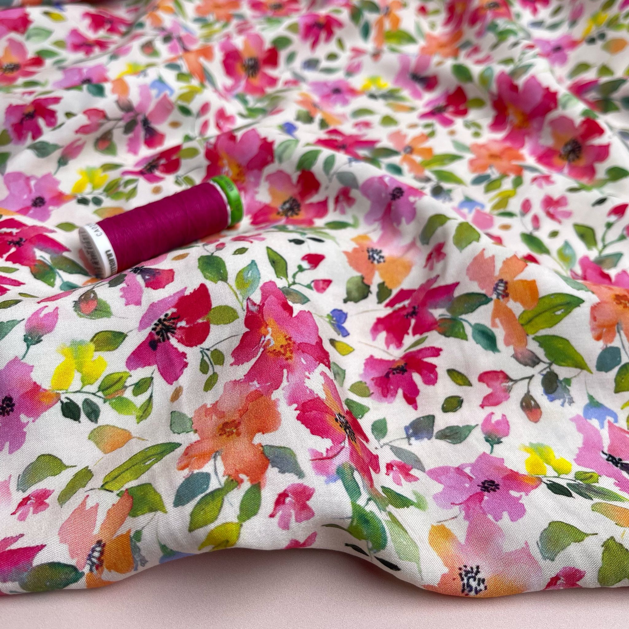 Magenta Spring Blossoms Viscose Fabric