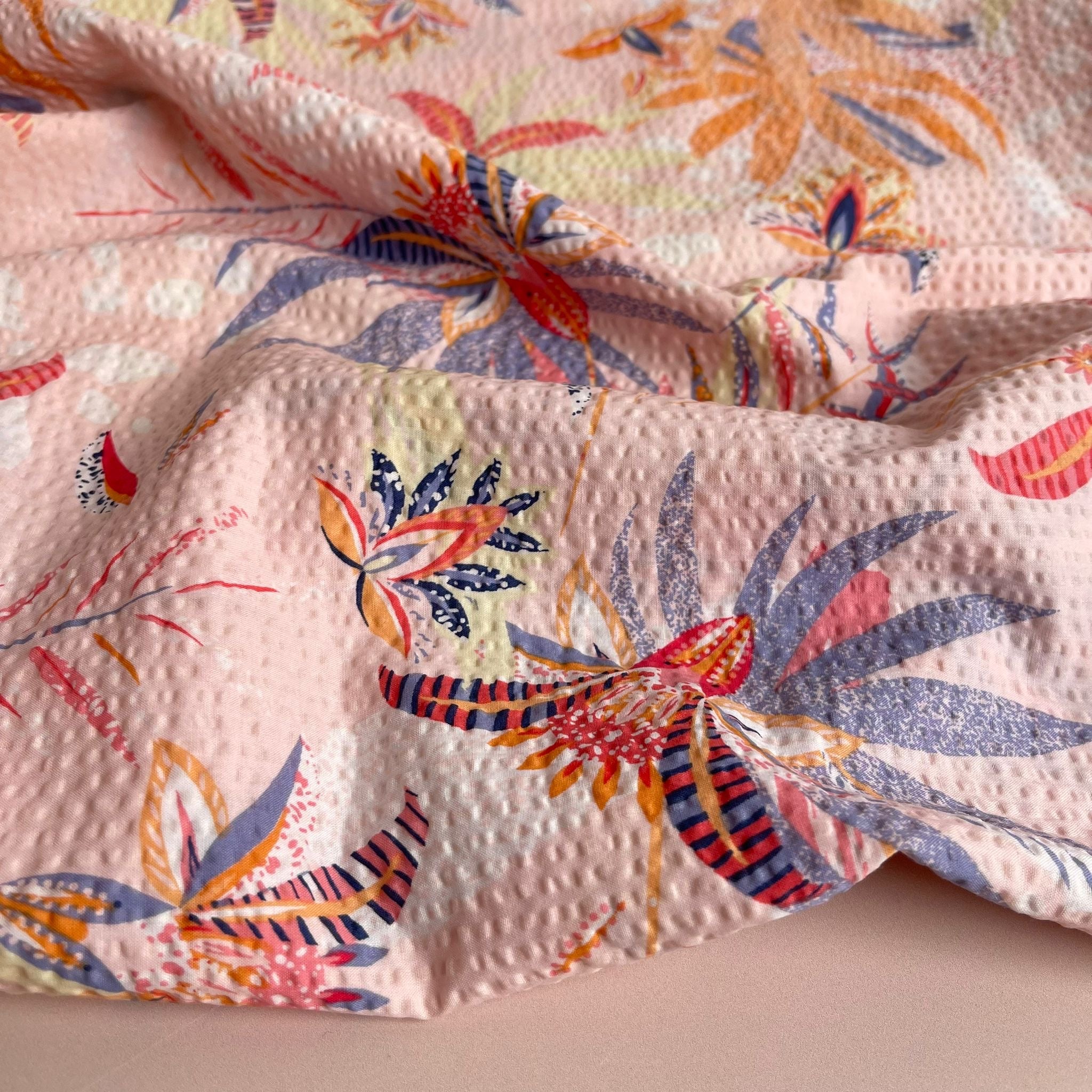Ex-Designer Deadstock Tropical Blush Cotton Seersucker Fabric