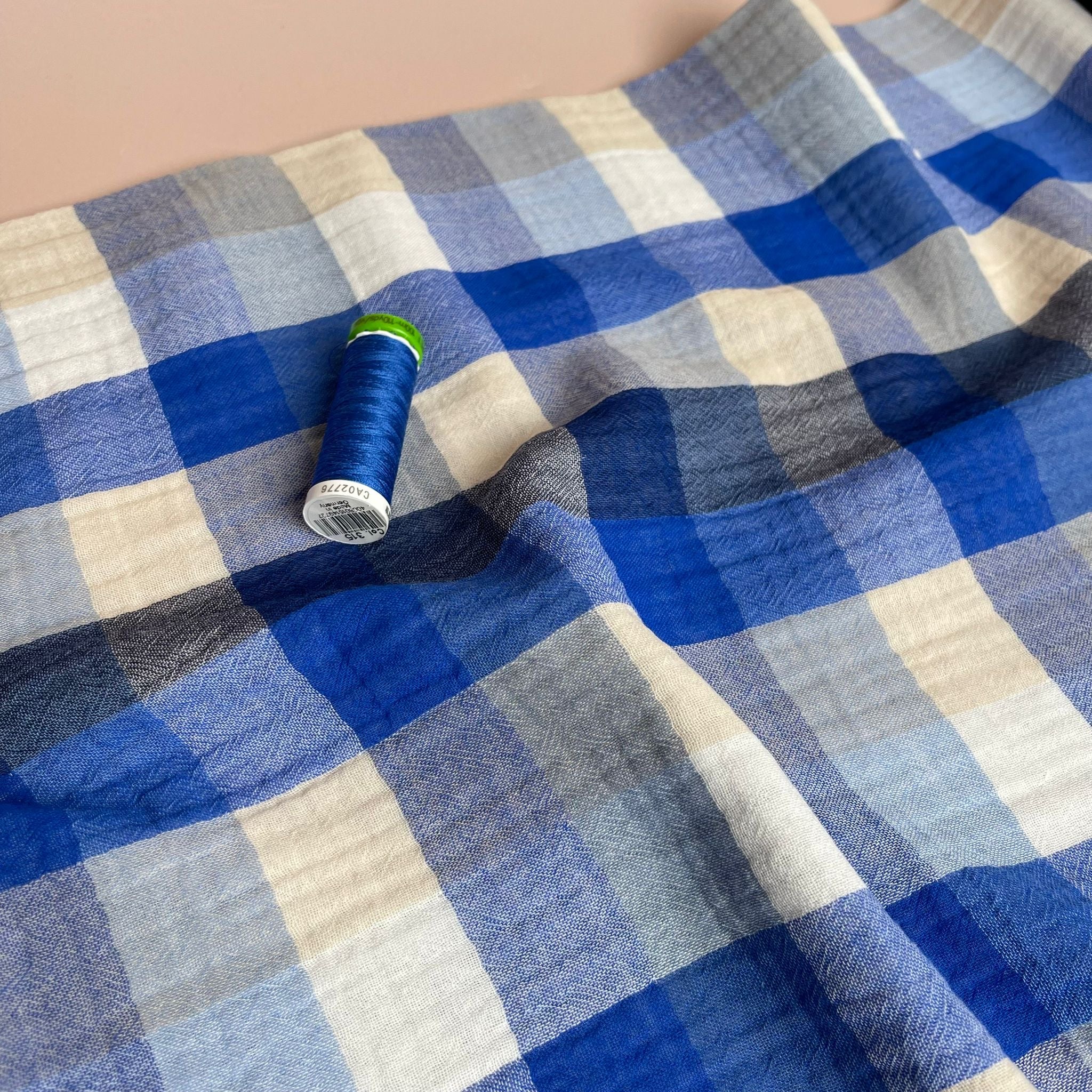 REMNANT 2.18 Metres - Checked Cobalt Cotton Double Gauze