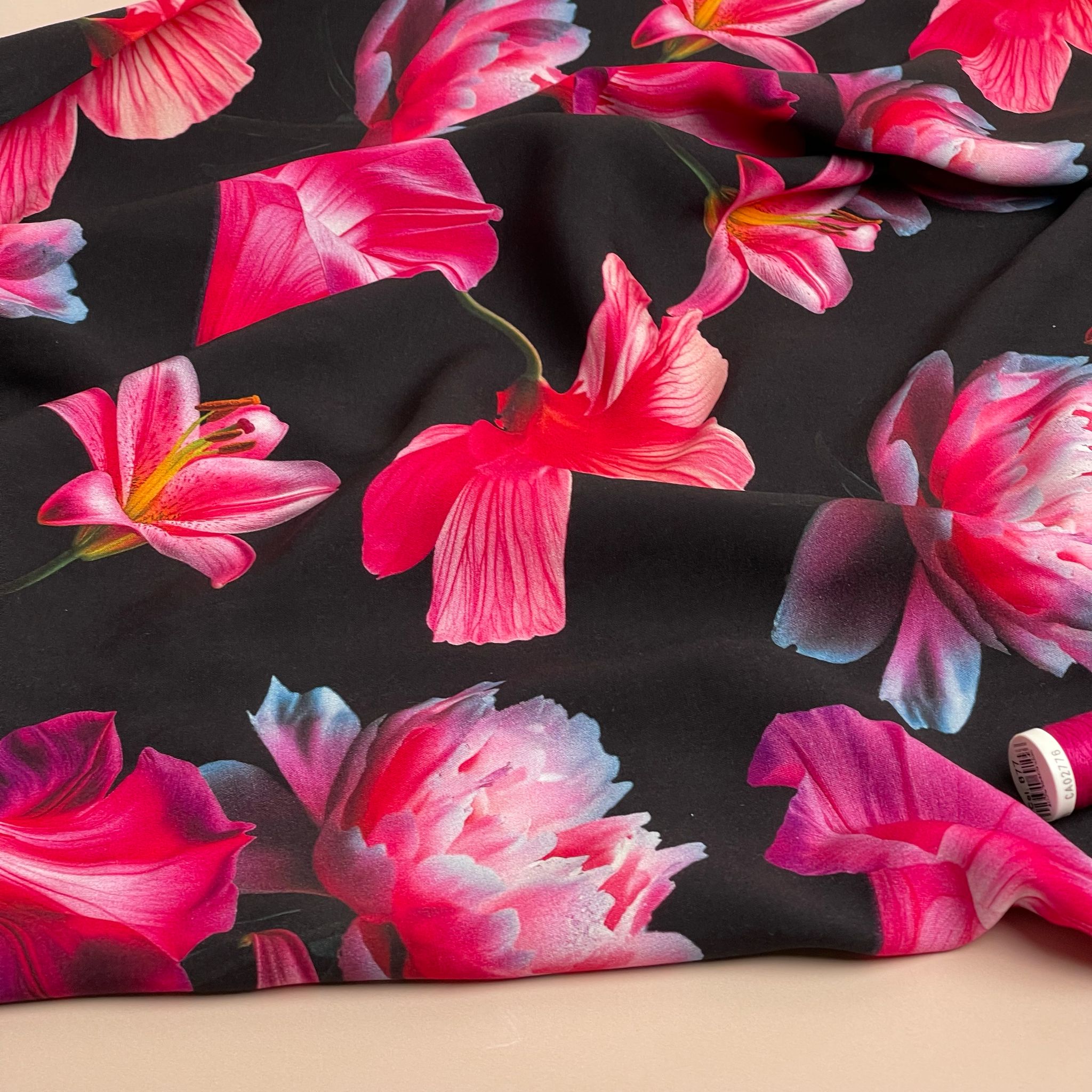 REMNANT 1.2 Metres - Fuchsia Blooms on Black Viscose Fabric