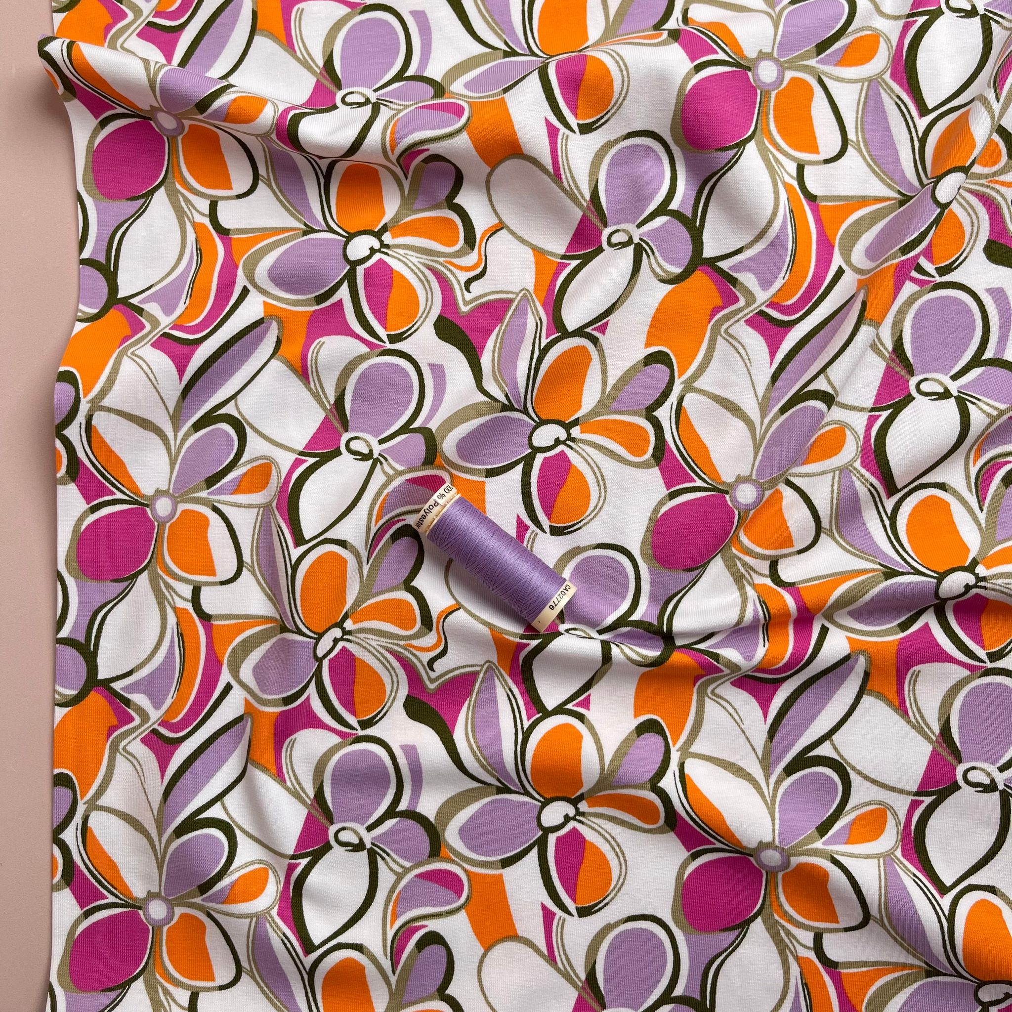 REMNANT 0.88 Metre - Petals in Lilac and Orange Cotton Jersey Fabric