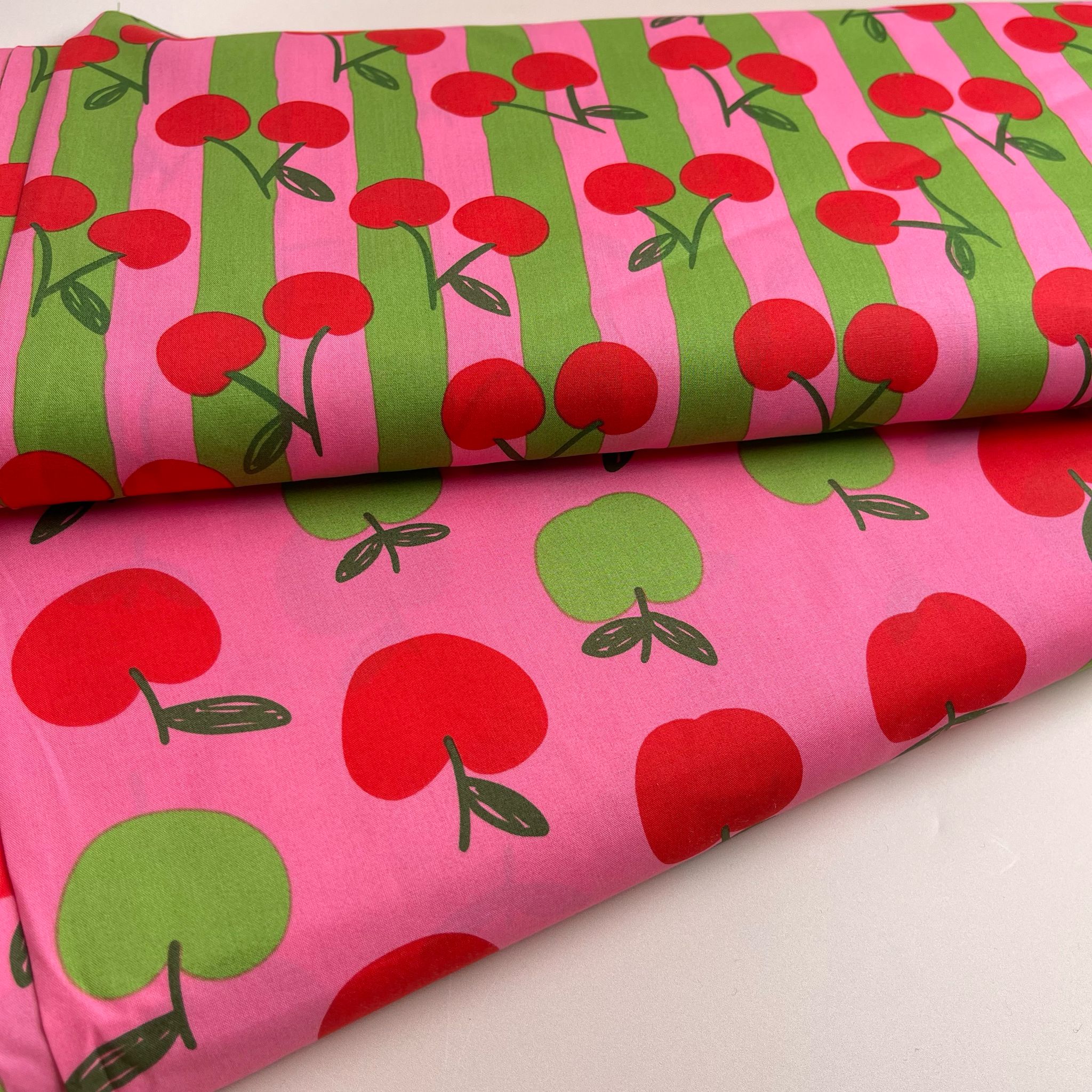 Funky Cherry Stripes on Pink Cotton Poplin Fabric