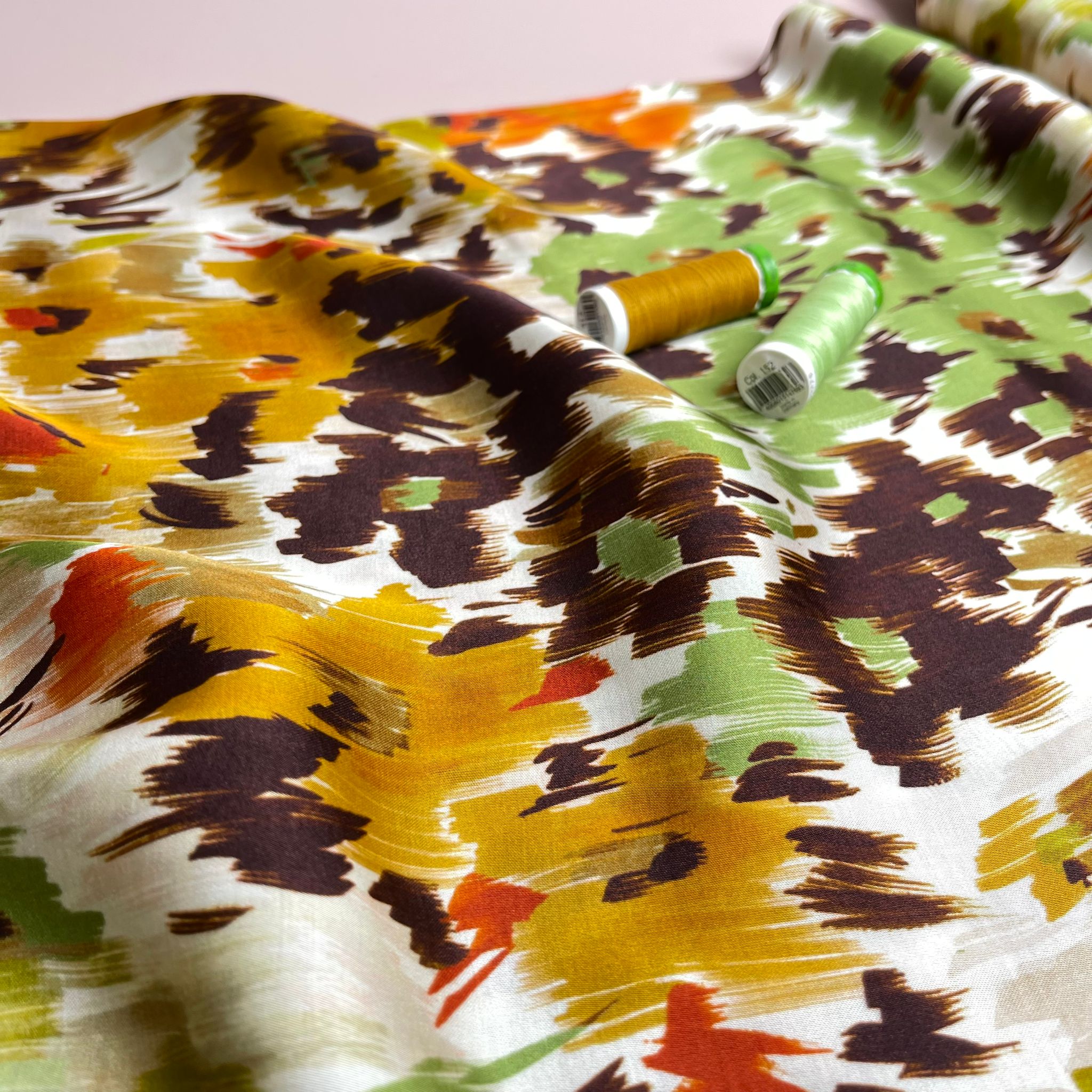 REMNANT 1.9 Metres - Abstract Flower Field Autumn Viscose Sateen Fabric