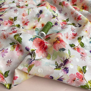 Watercolour Spring Blooms Embroidered Cotton Dobby Fabric