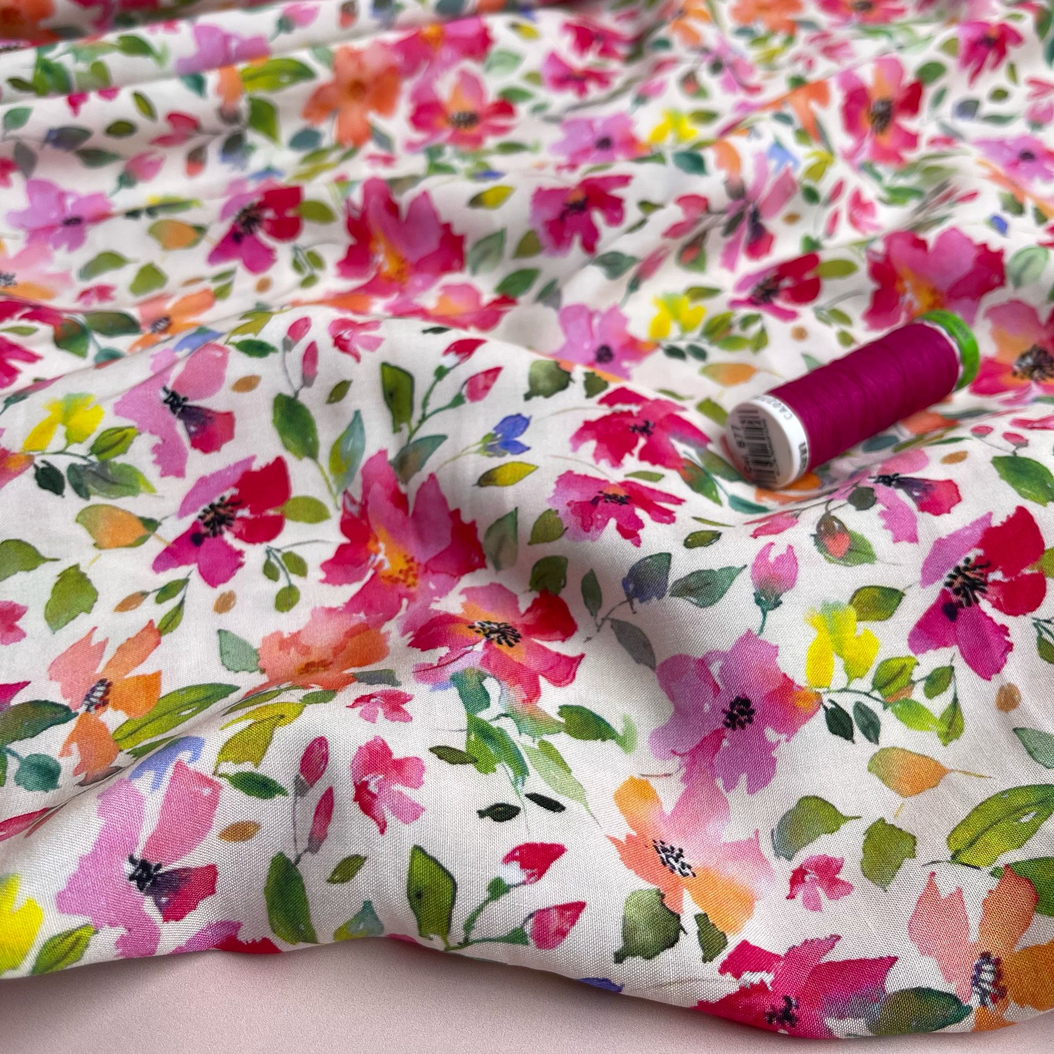 Magenta Spring Blossoms Viscose Fabric