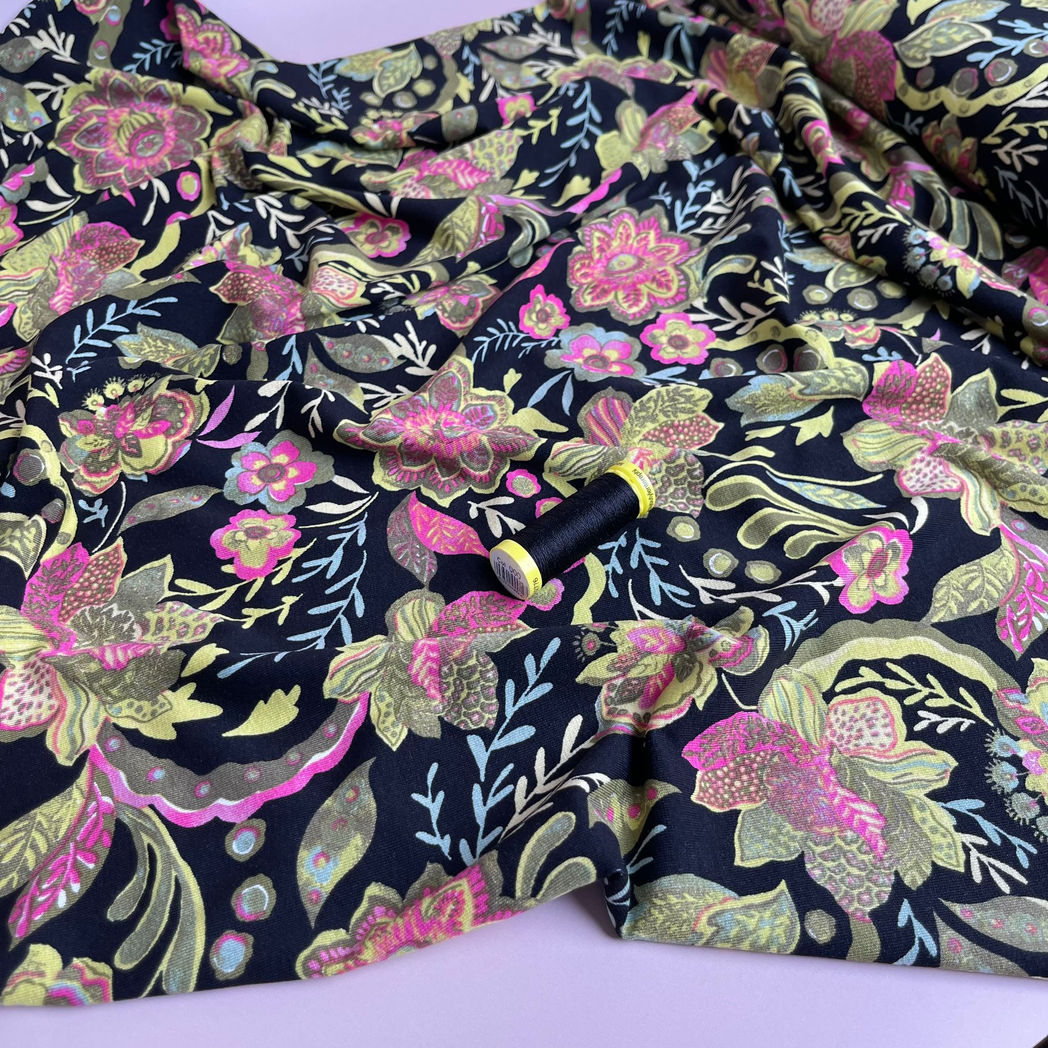 REMNANT 0.61 Metre - Ornate Flower in Lime and Pink De Luxe Viscose Jersey Fabric