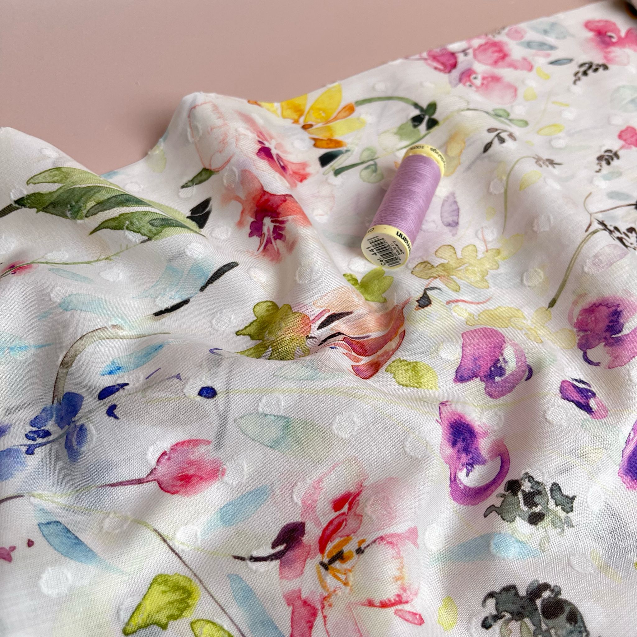 Watercolour Meadow Embroidered Cotton Dobby Fabric