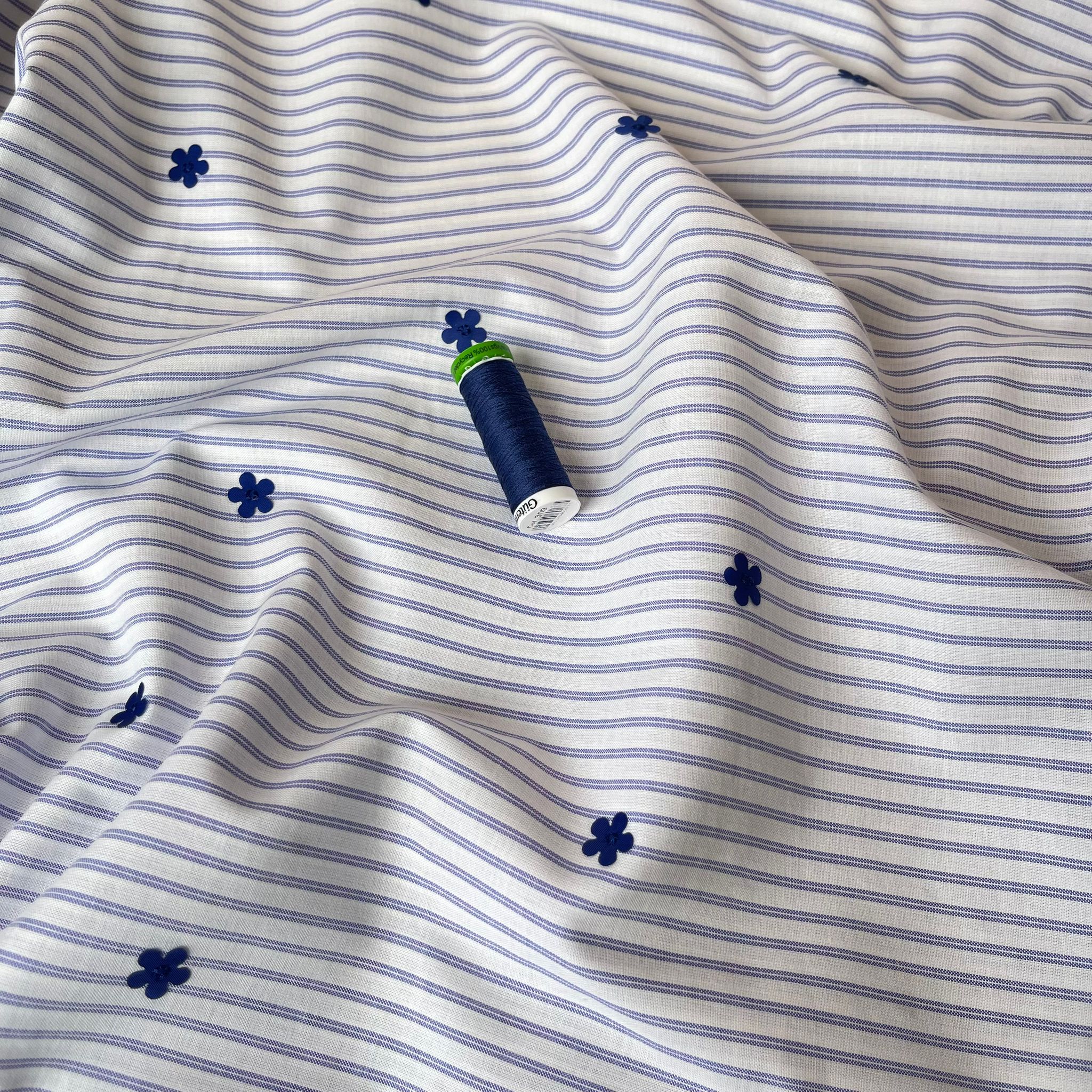 Applique Blue Flowers on White Striped Cotton Fabric