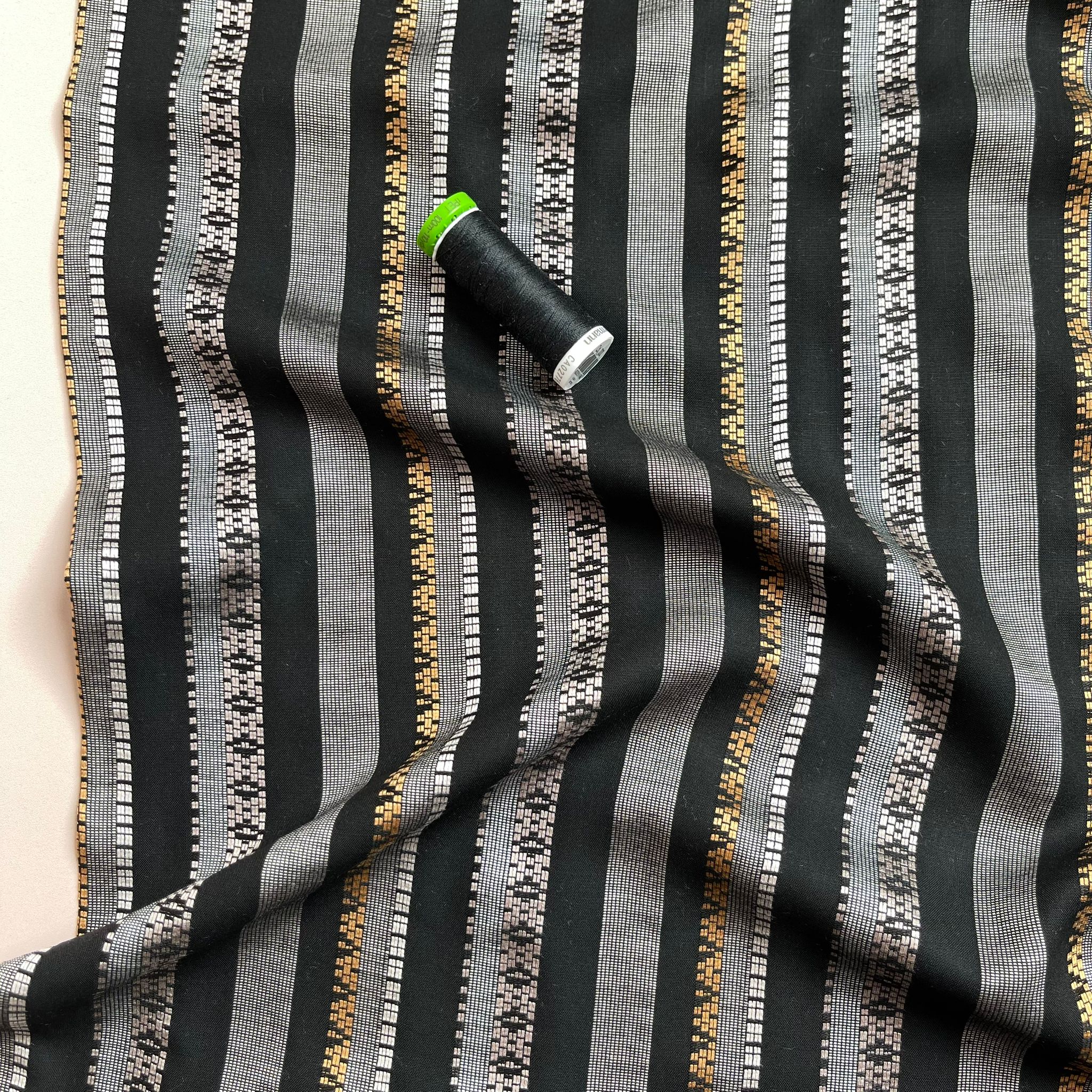REMNANT 0.28 Metres - Yarn Dyed Embroidered Stripes on Black Viscose Fabric