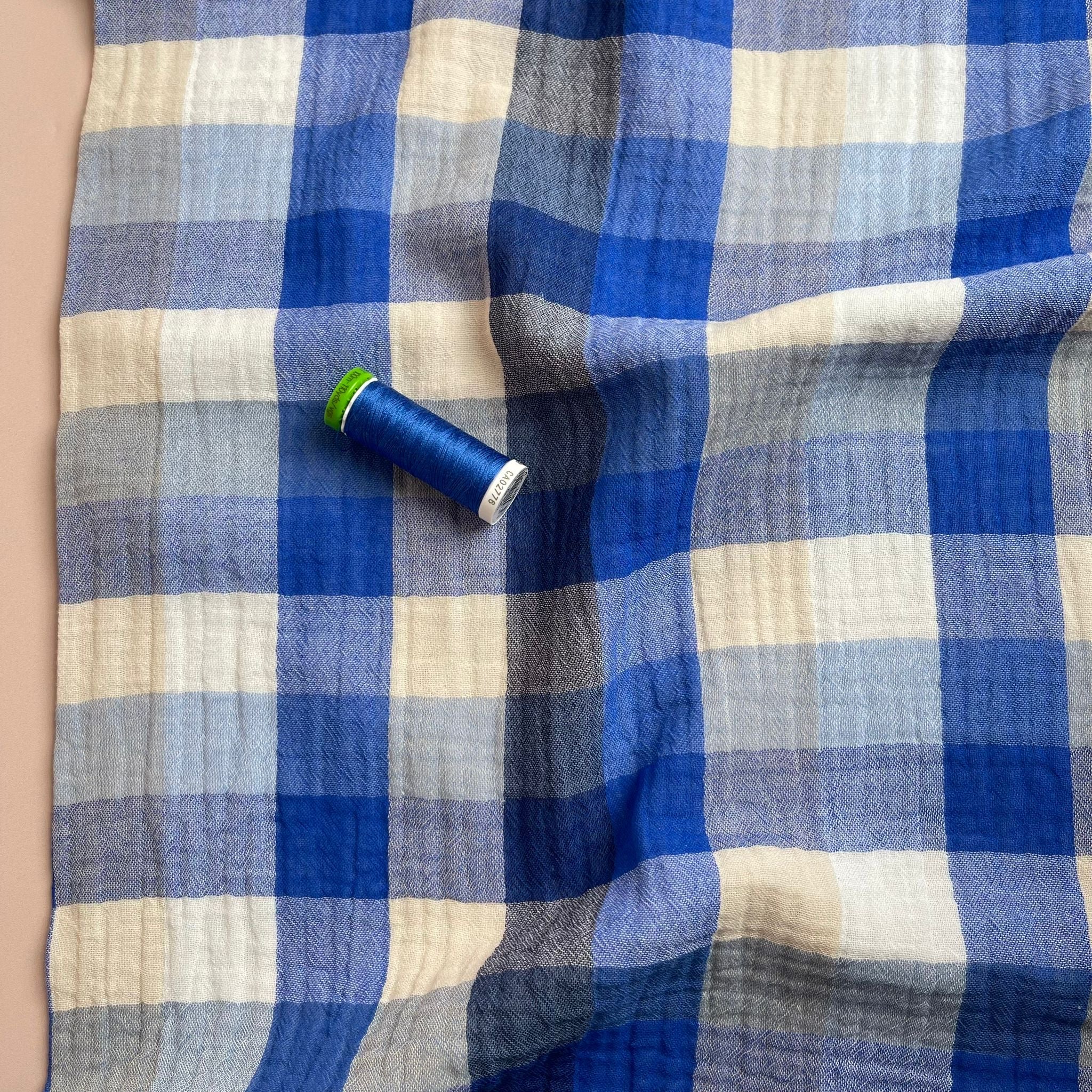 Checked Cobalt Cotton Double Gauze