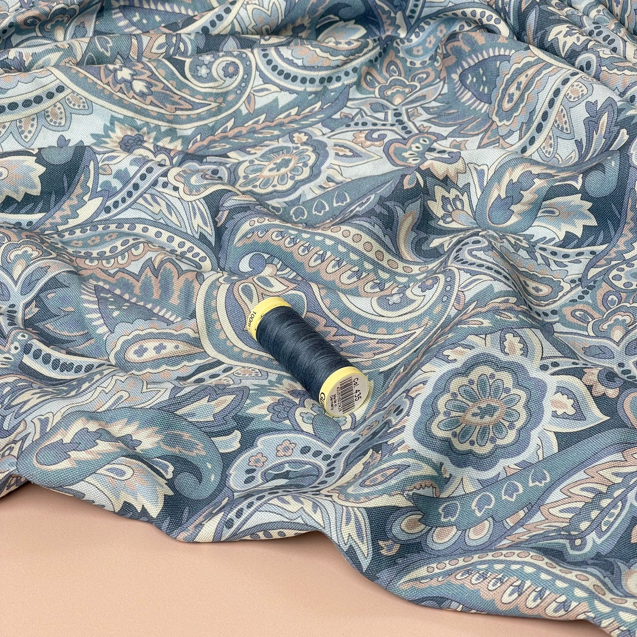 REMNANT 1.75 Metres - Denim Paisley Viscose Linen Fabric