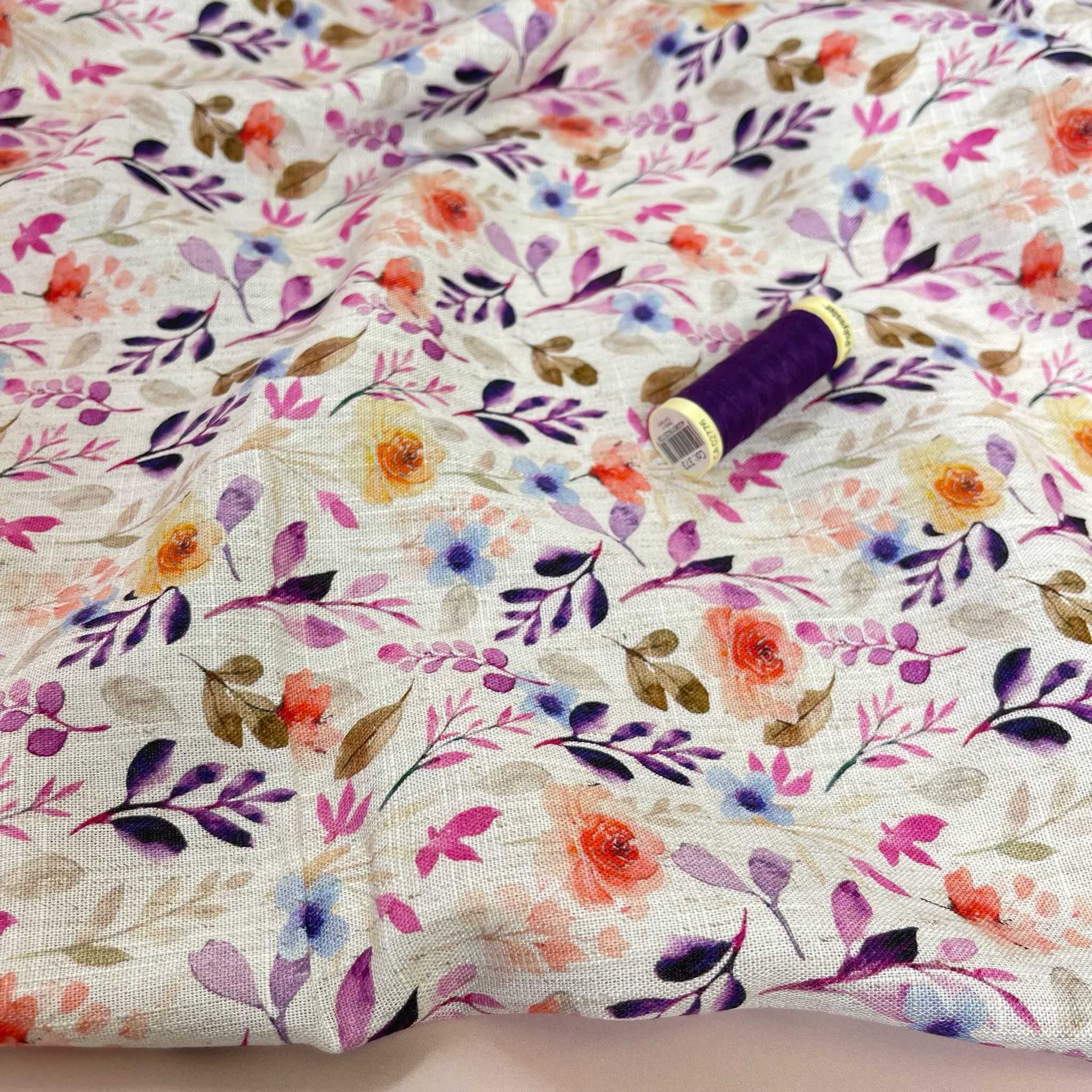 Purple Foliage on Ecru Viscose Linen Fabric