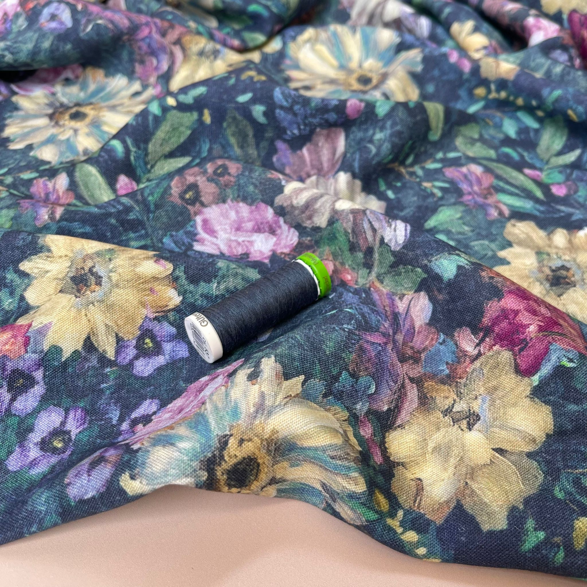 Painted Indigo Flowers Viscose Linen Fabric