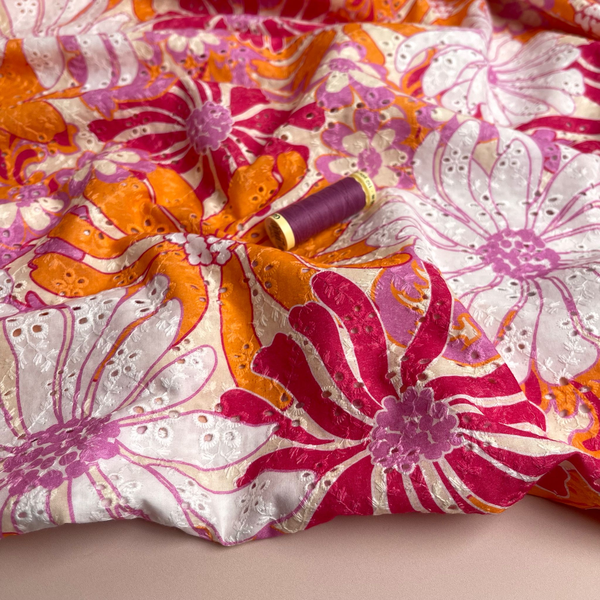 Tropical Sunset Flowers Cotton Broderie Anglaise