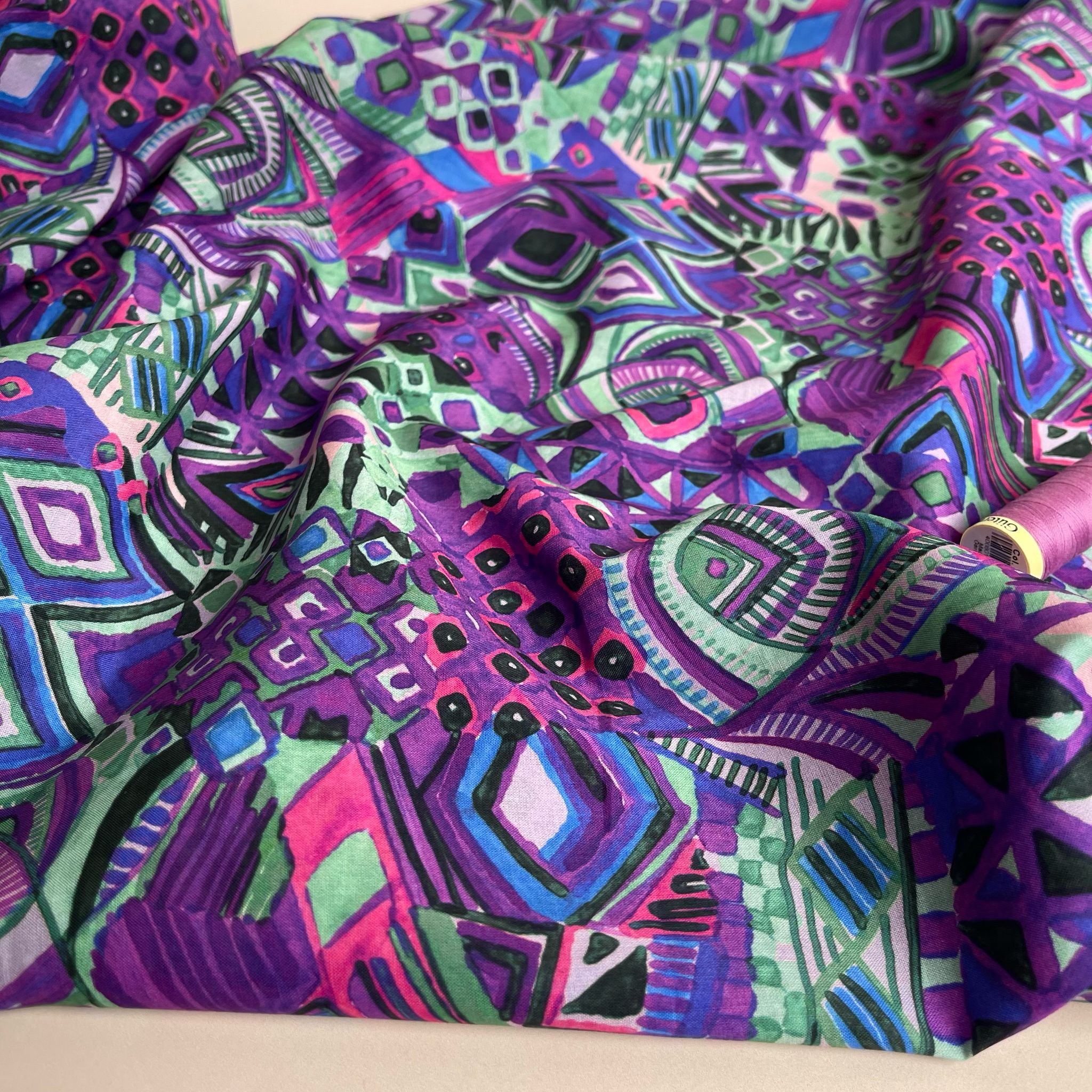 REMNANT 0.64 Metre - Painted Purple Aztec Cotton Voile Fabric