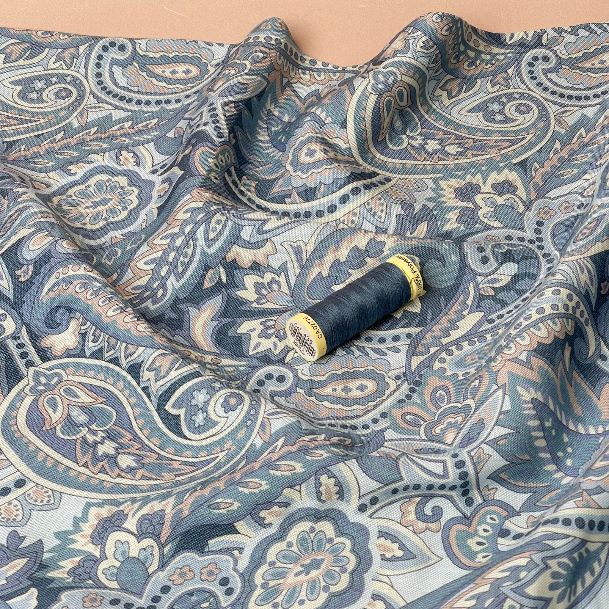 REMNANT 1.75 Metres - Denim Paisley Viscose Linen Fabric
