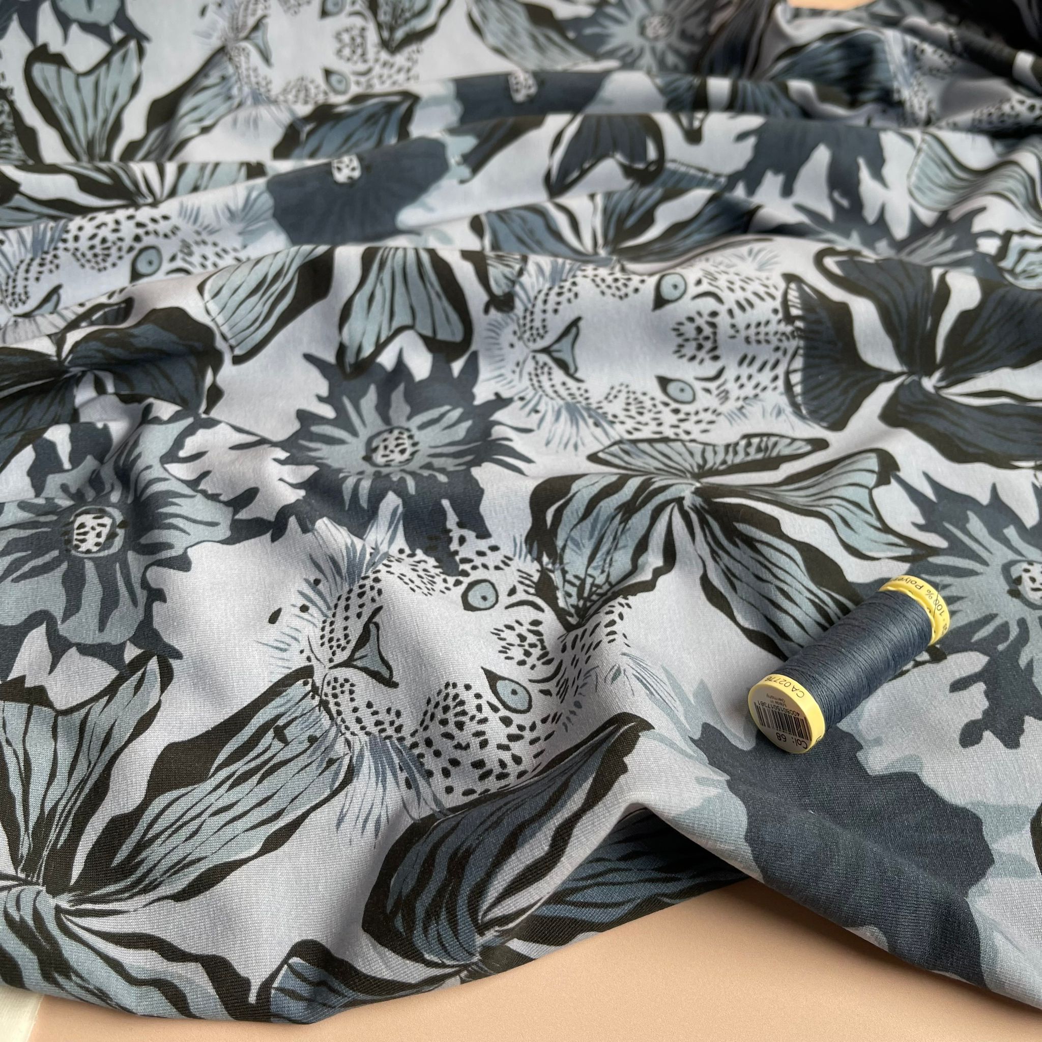 REMNANT 2.5 Metres - Danish Design - Blue Leopards Cotton Jersey