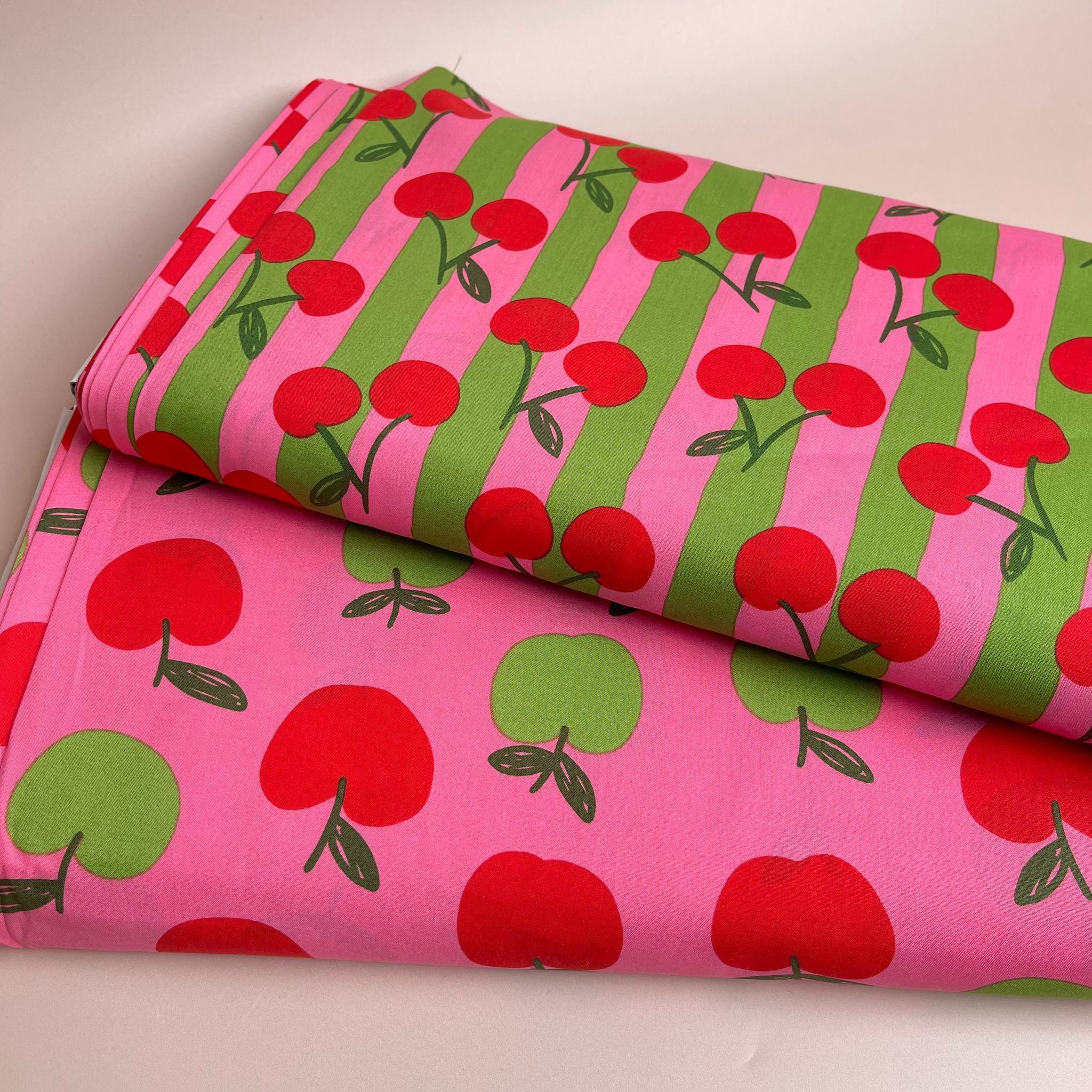 Funky Cherry Stripes on Pink Cotton Poplin Fabric