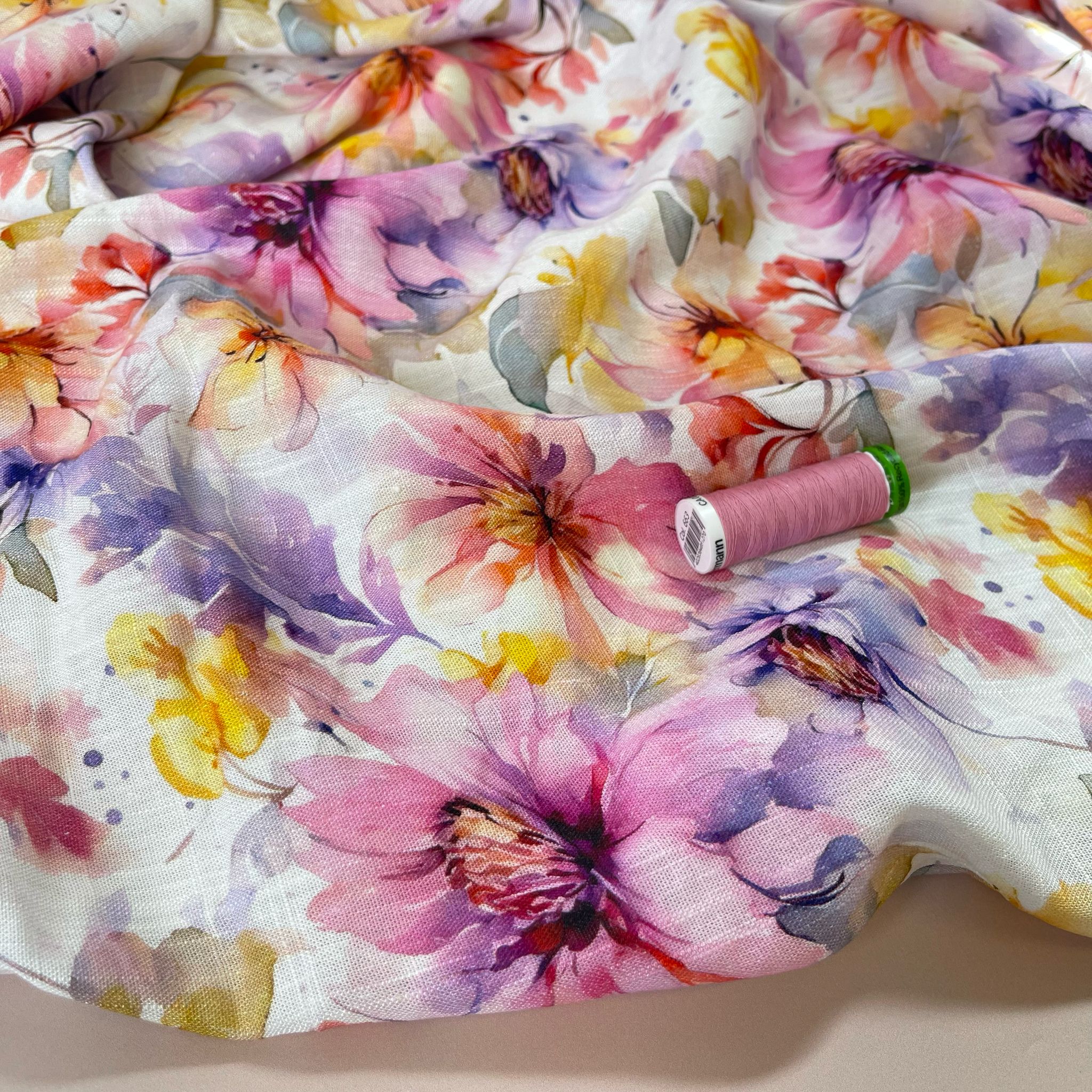 REMNANT 0.75 Metre - Watercolour Blooms Viscose Linen Fabric